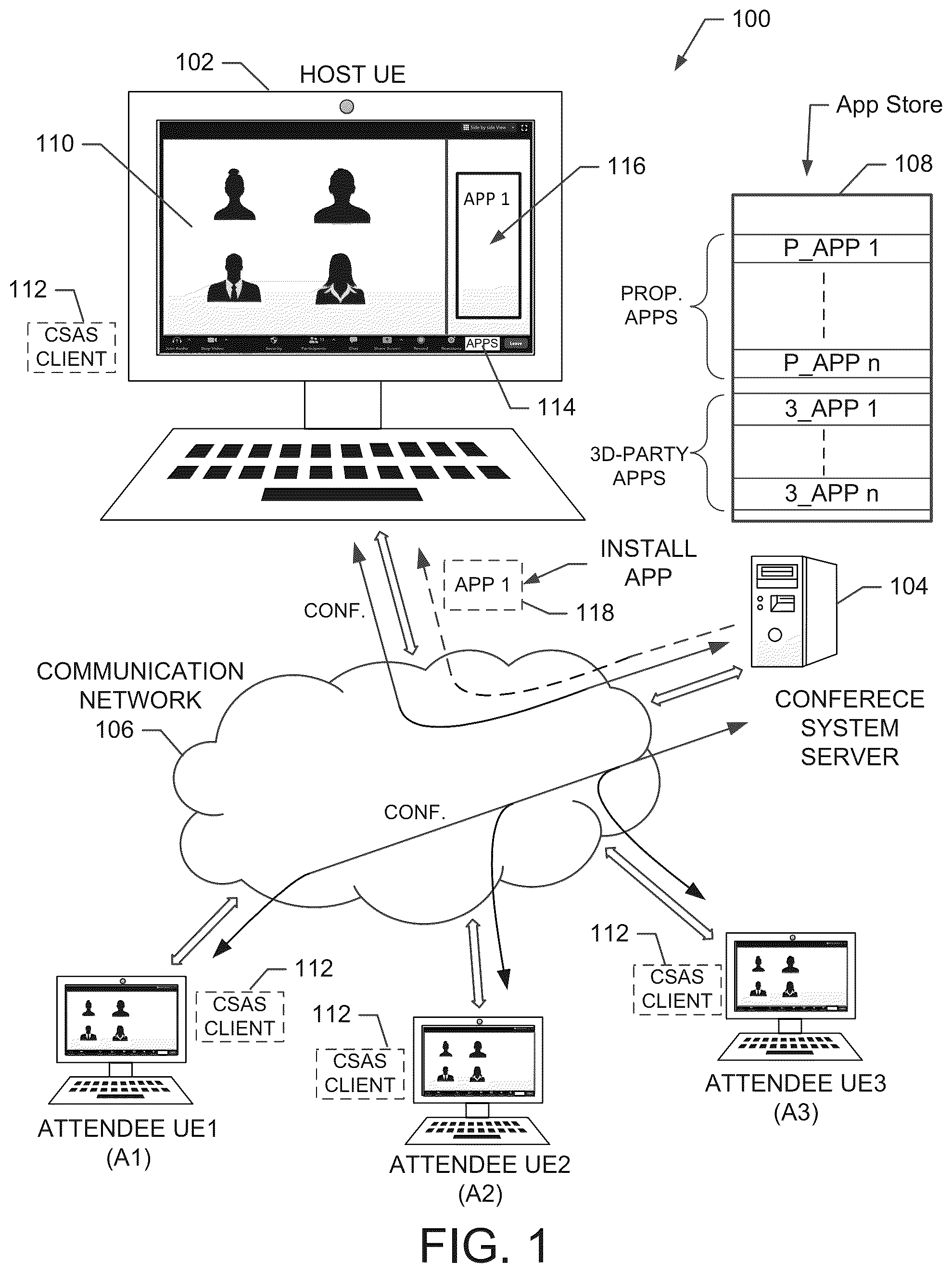 Patent US12126663 Figure 1 – Recording conference application activity associated with a network conference