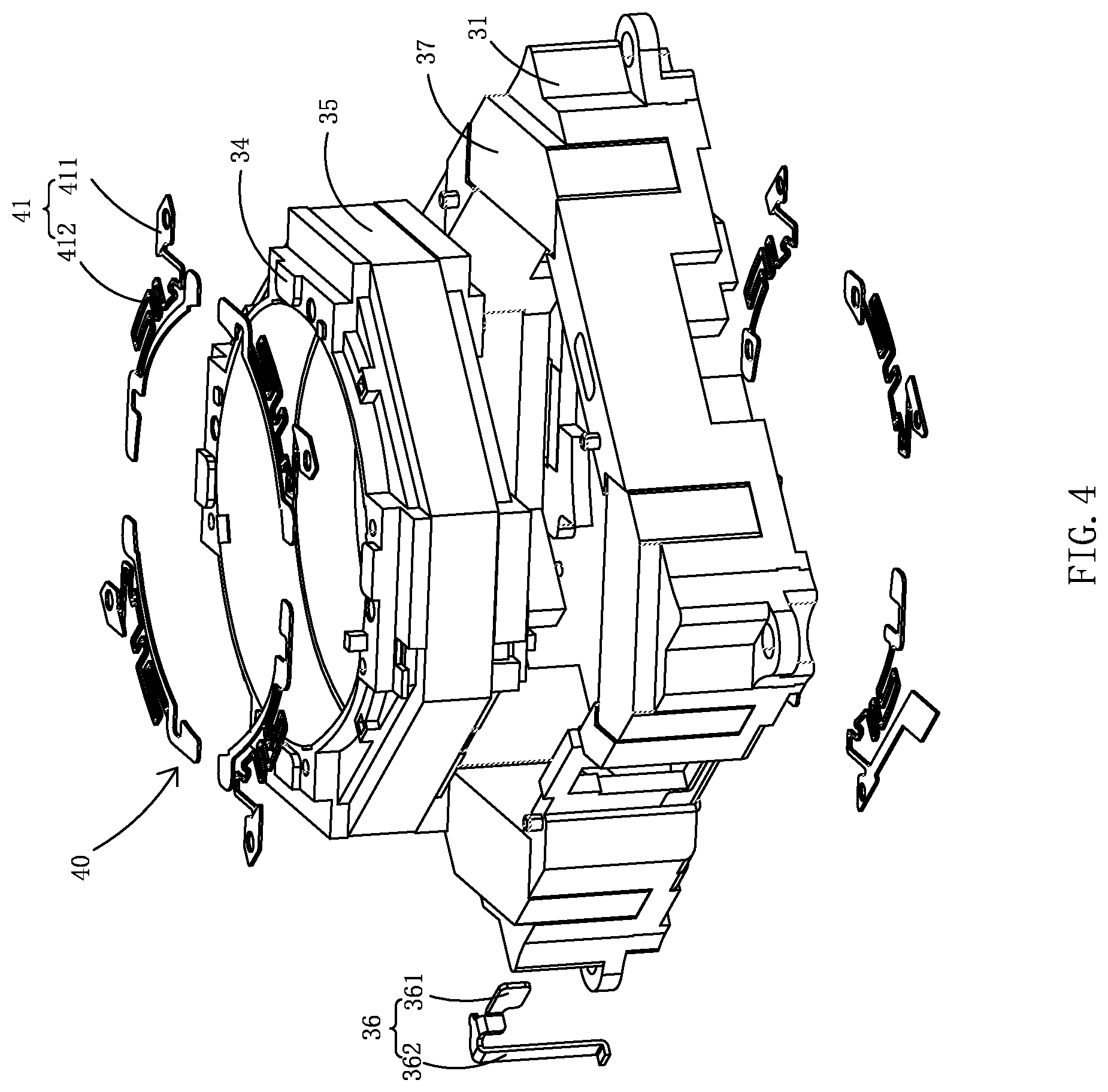 Patent US12126906 Figure 4 – Lens module with anti-shake and focus control and electronic device