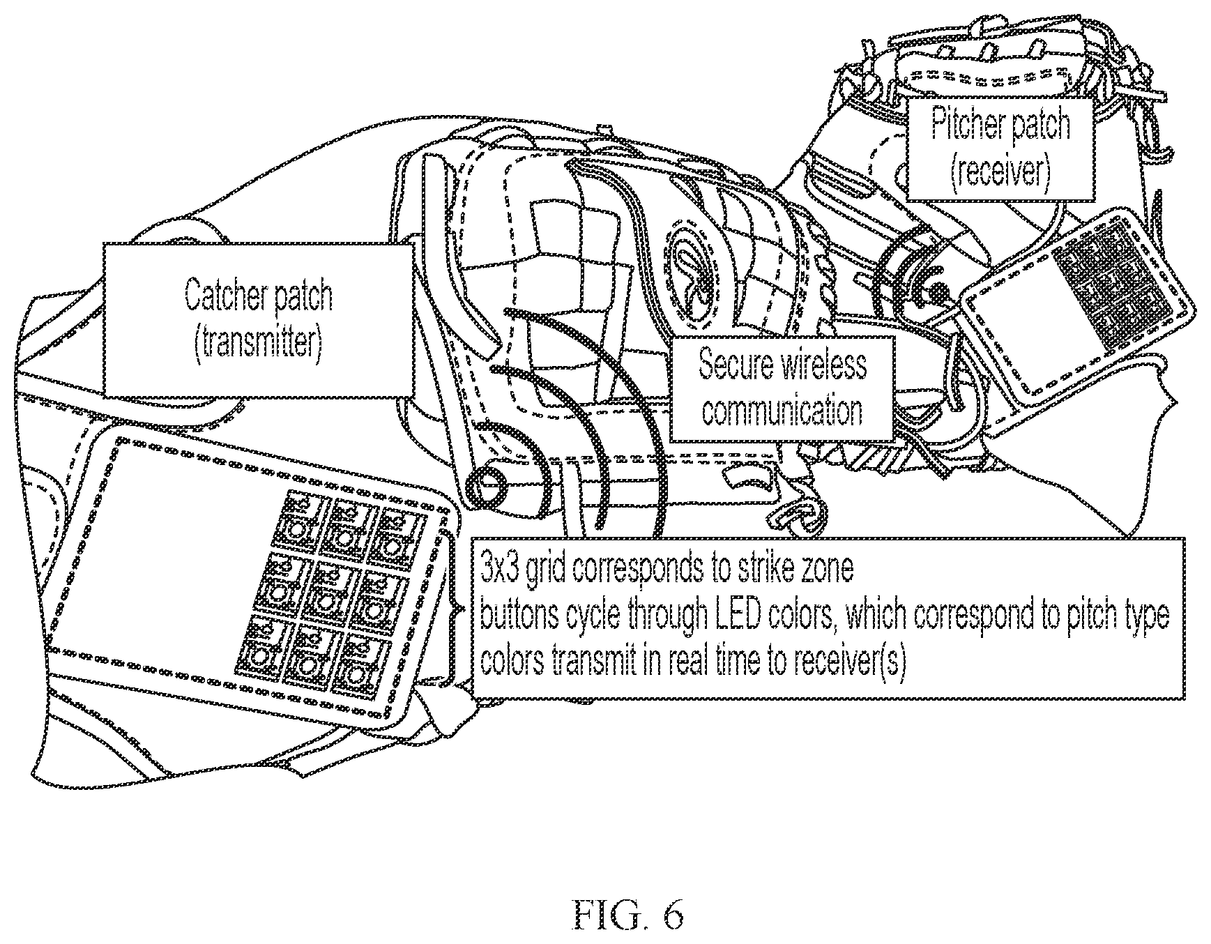 Patent US12128290 Figure 6 – Digital patch for discrete signaling, a baseball glove including same, and related method of manufacture