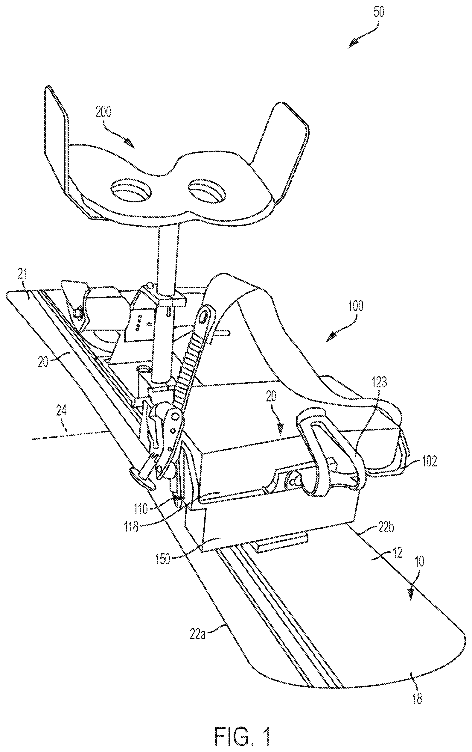 Patent US12128291 Figure 1 – Support and suspension assembly for a snow sports board