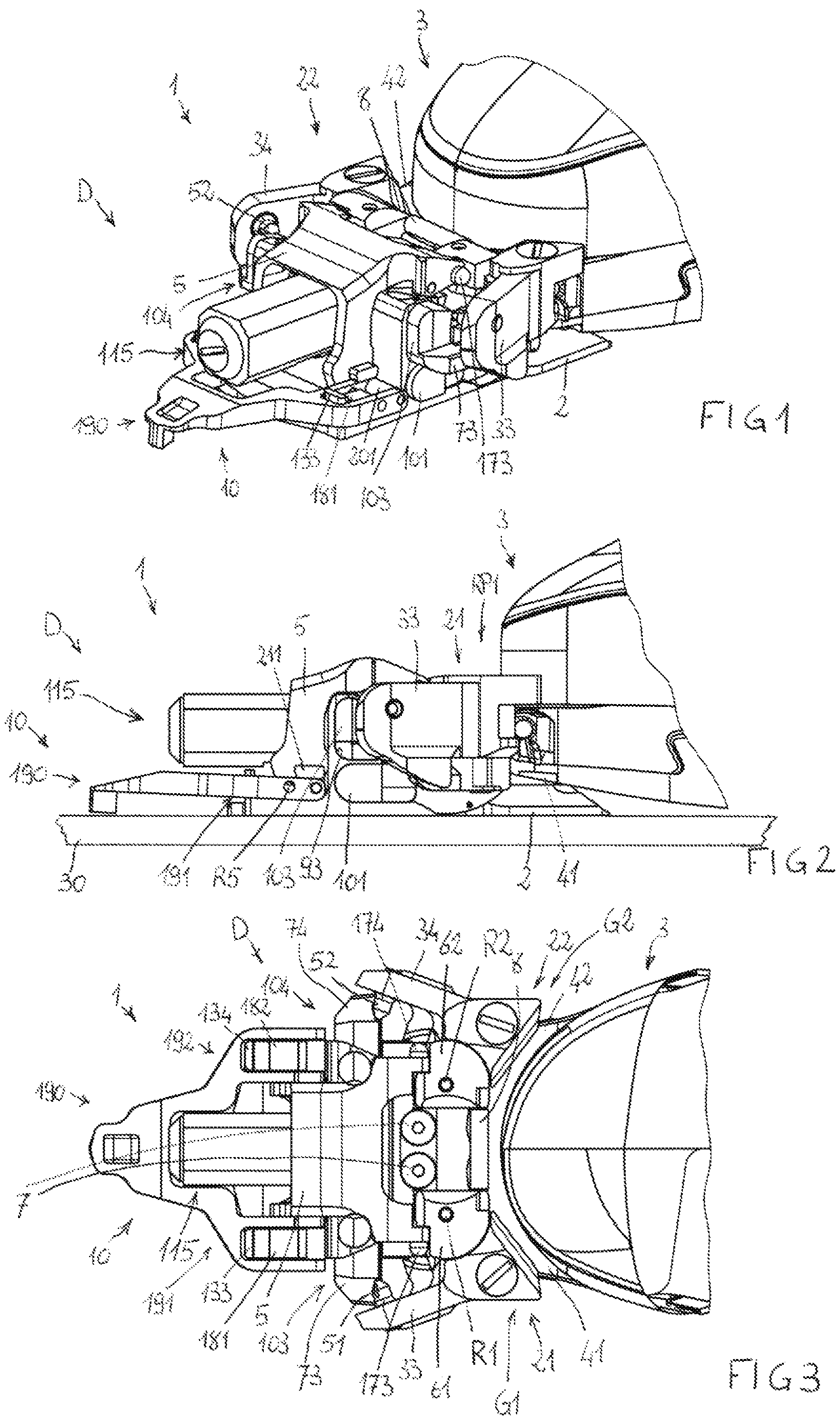 Patent US12128294 Figure 1 – Adapted toe-piece of a ski binding for also allowing walking uphill