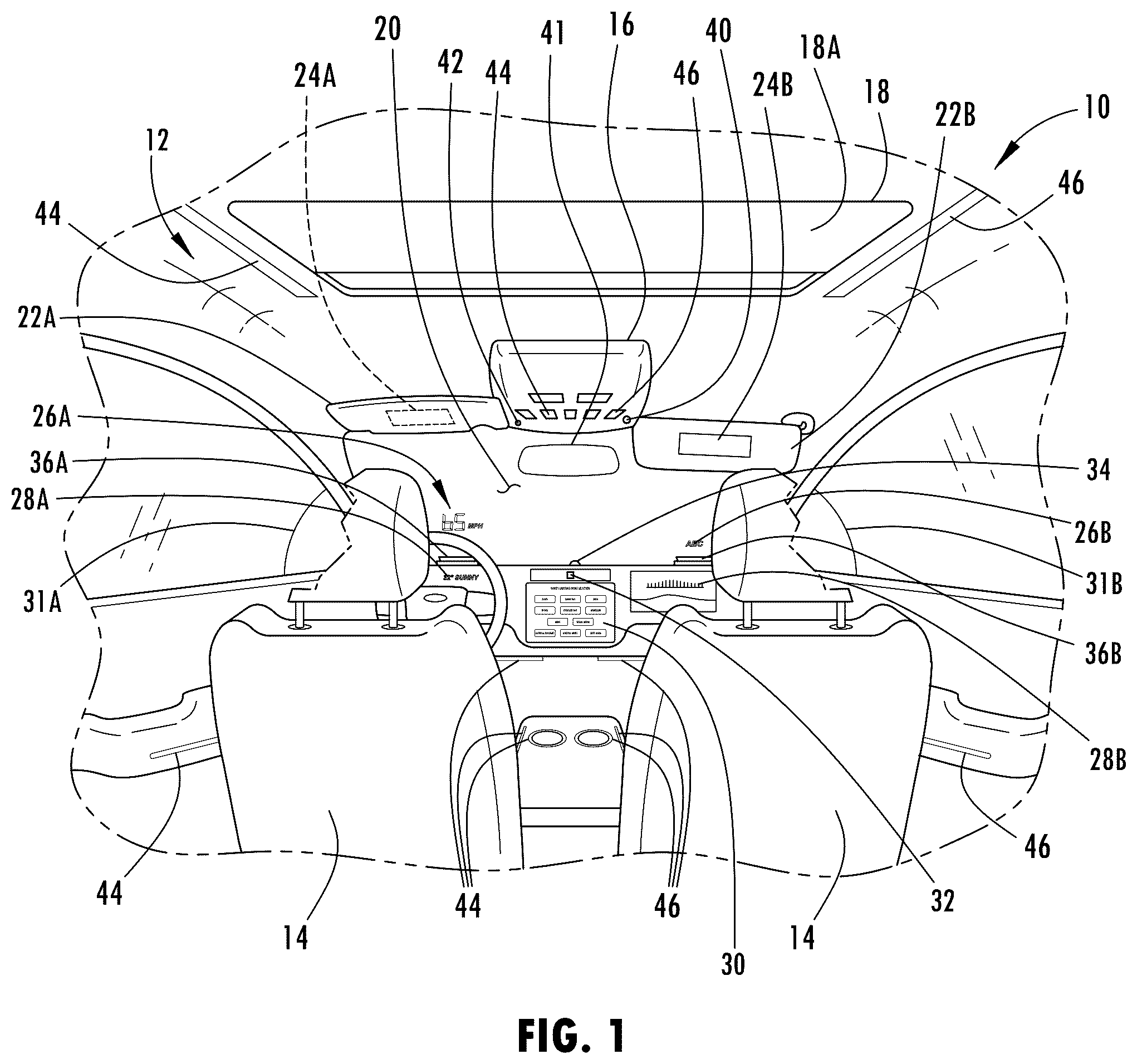 Patent US12128822 Figure 1 – Vehicle having selectable lighting environment and method