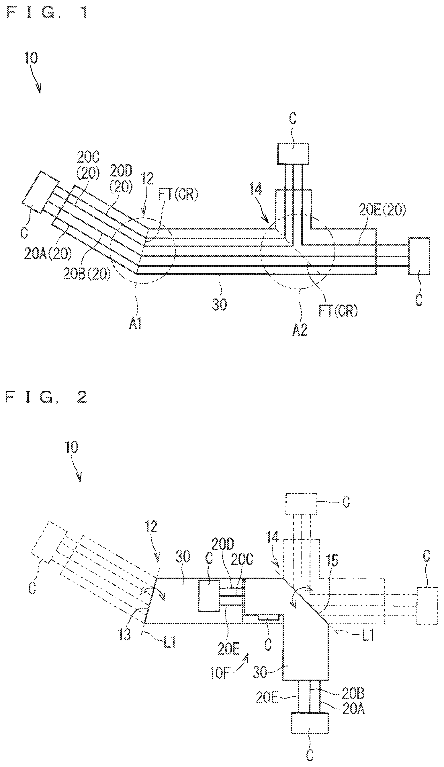 Patent US12128835 Figure 1 – Wiring member with route bending