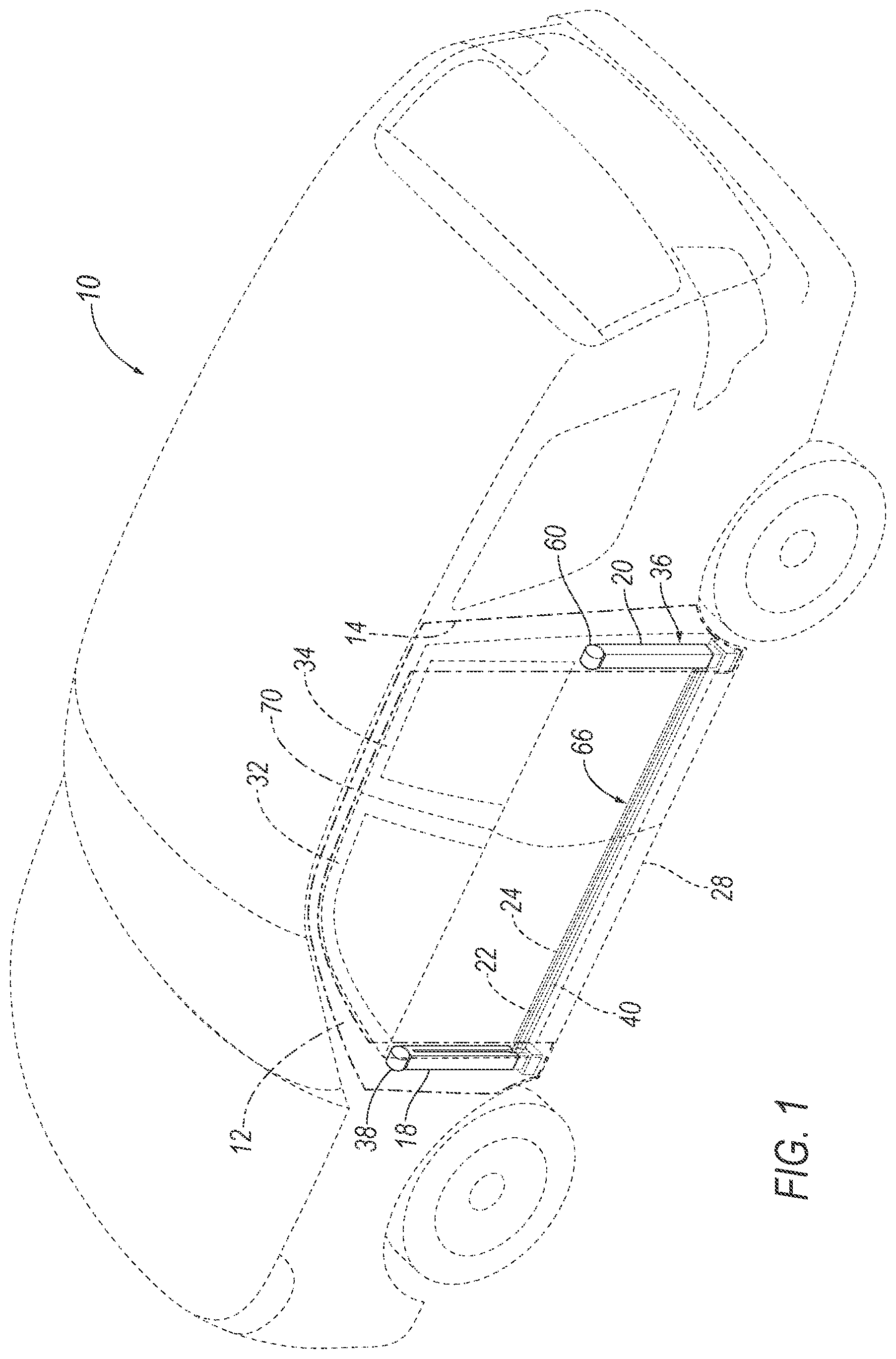 Patent US12128845 Figure 1 – Cable supported airbag inflatable across door opening