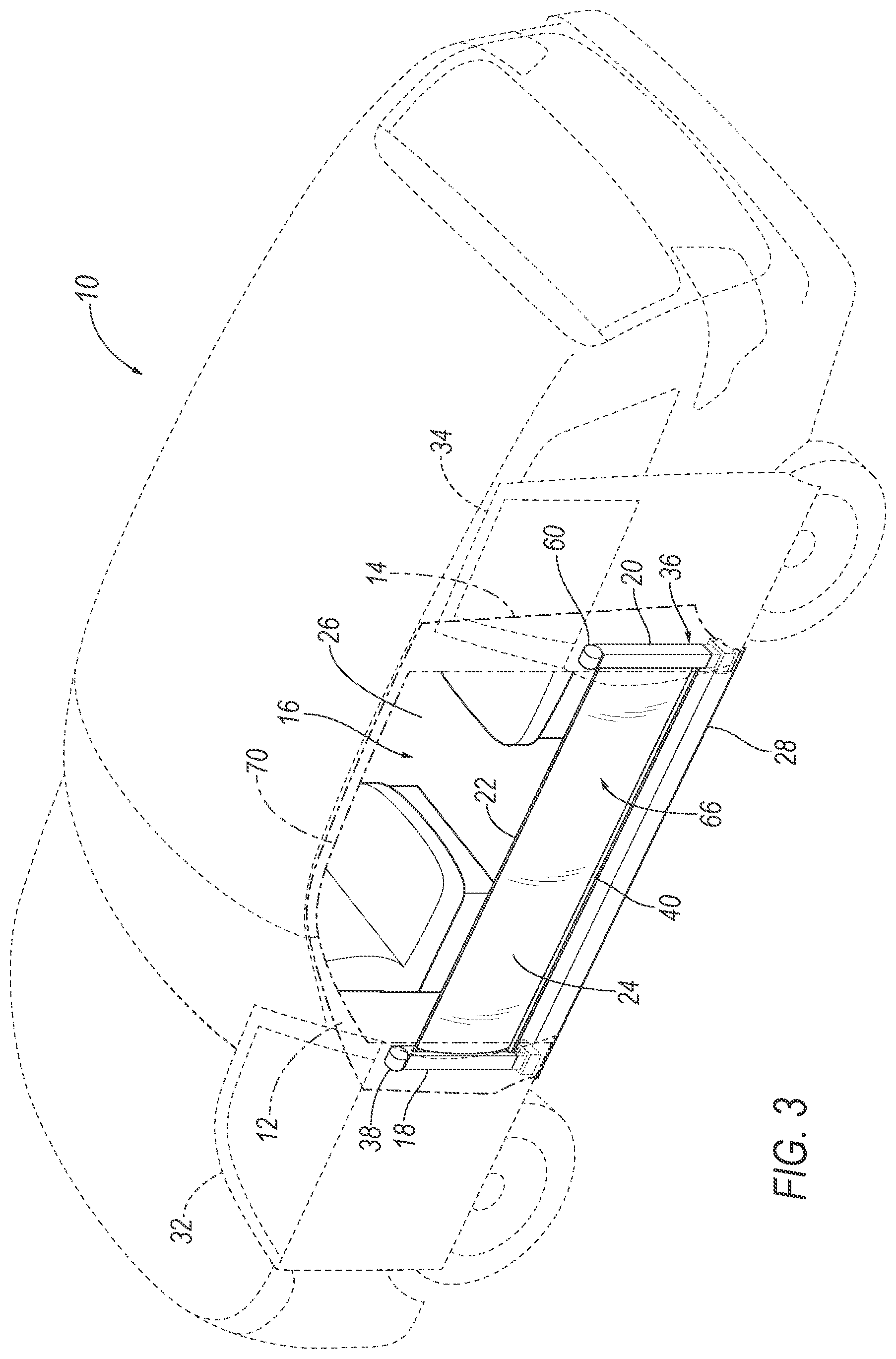 Patent US12128845 Figure 3 – Cable supported airbag inflatable across door opening