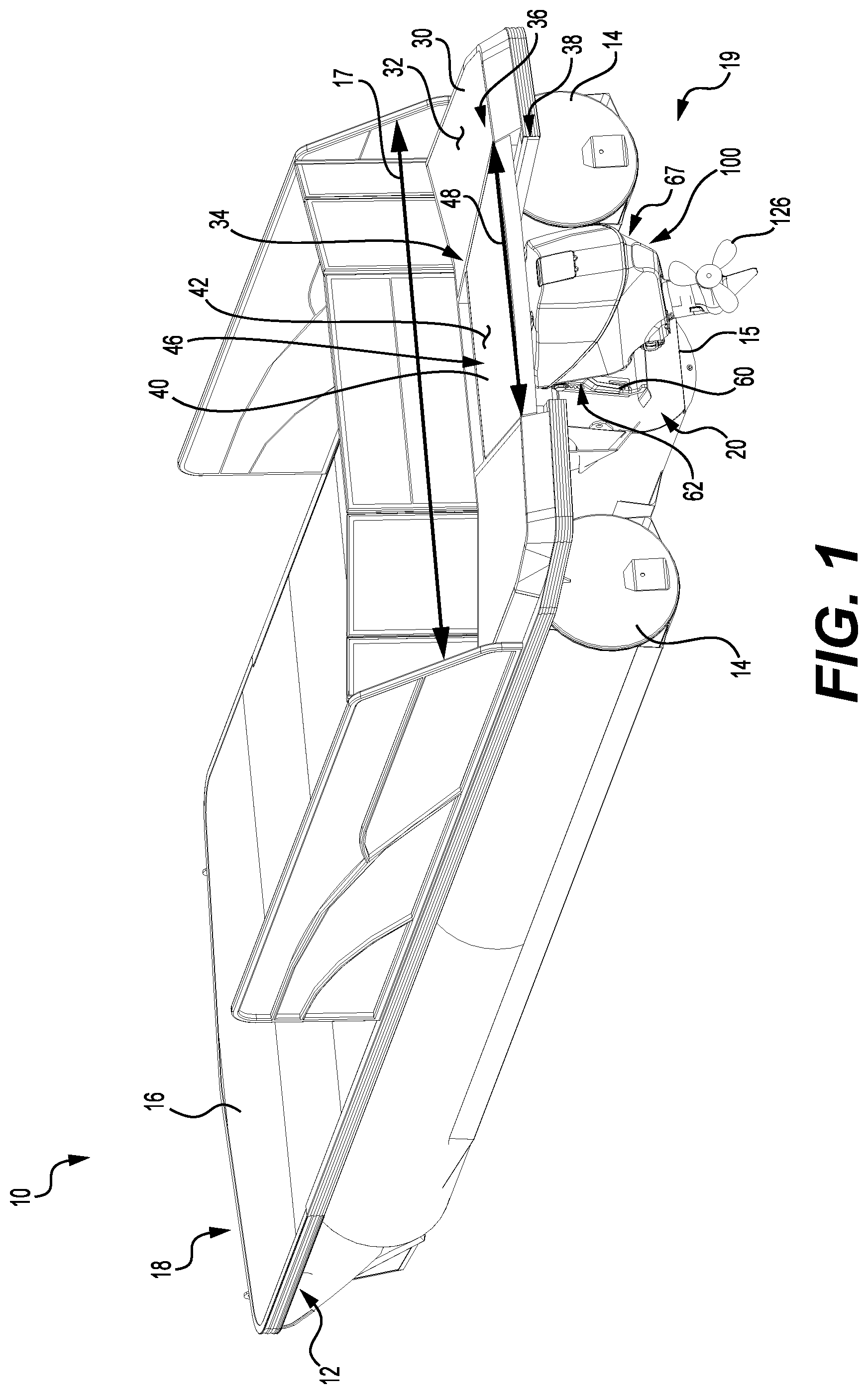 Patent US12129003 Figure 1 – Boat with a transom
