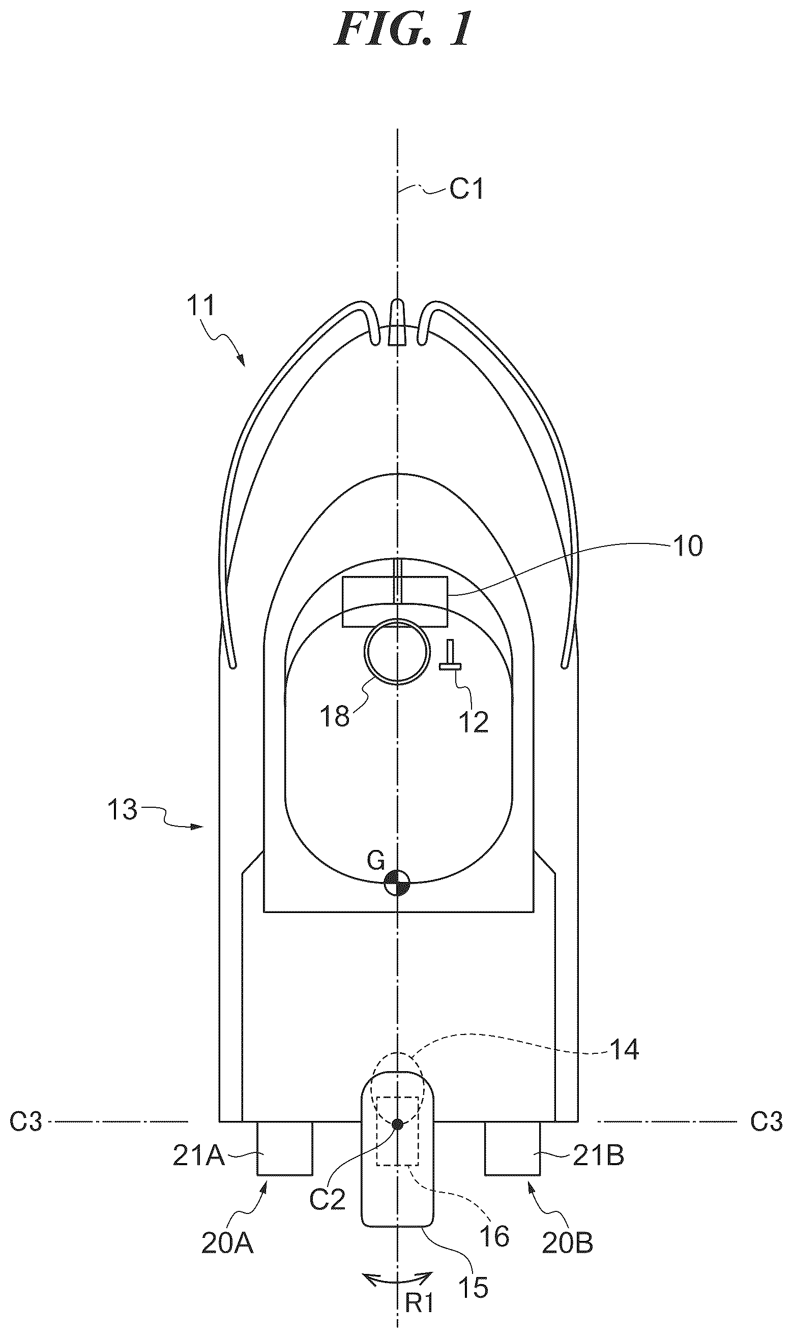 Patent US12129007 Figure 1 – Control system for posture control tabs of marine vessel, marine vessel, and method for controlling posture control tabs of marine vessel that are capable of assisting operations of steering control