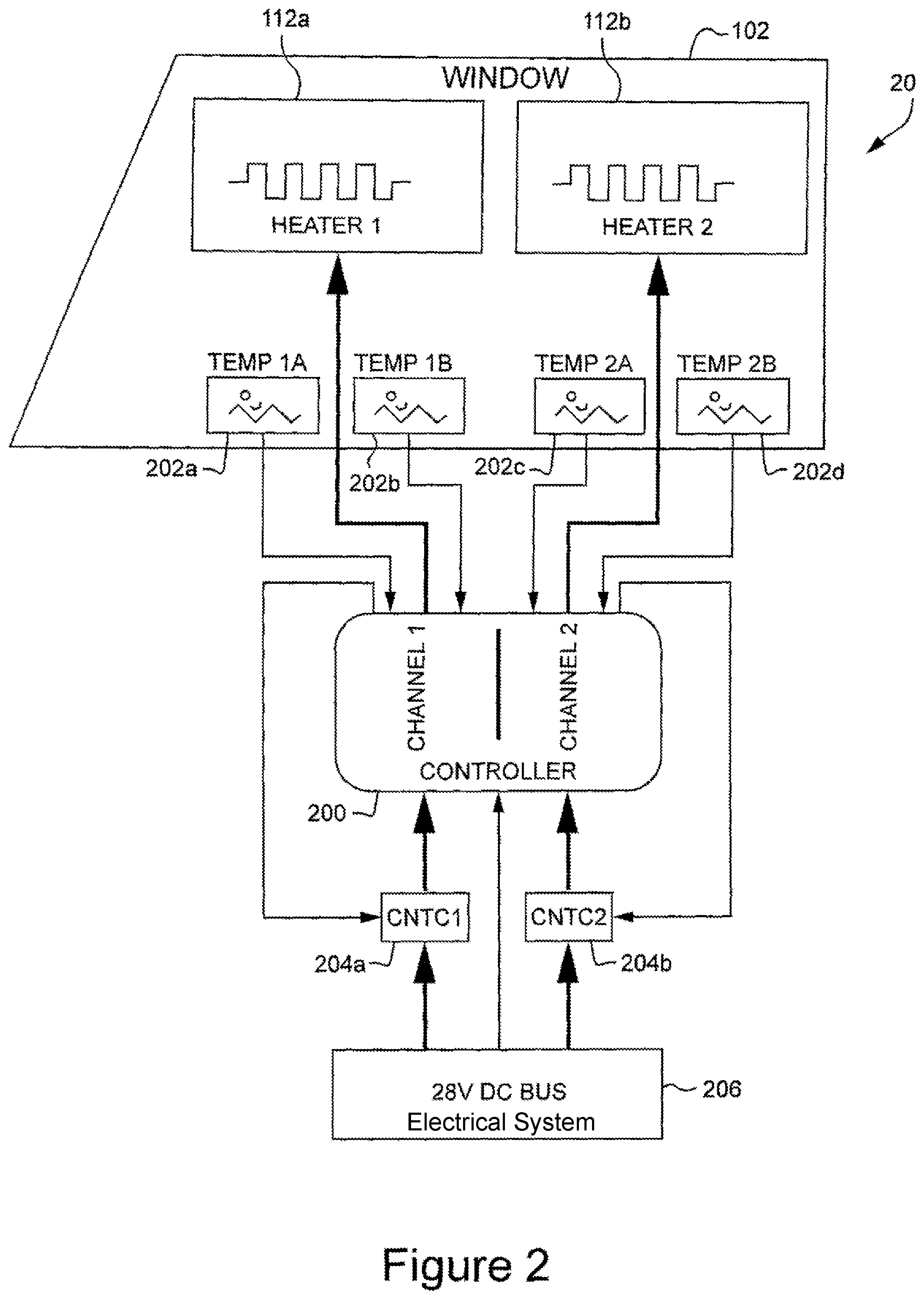 Patent US12129013 Figure 2 – Aircraft window heating system with regulated DC voltage