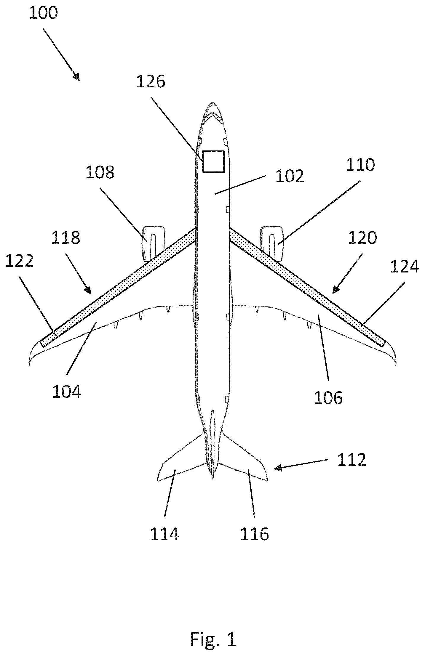 Patent US12129018 Figure 1 – Active drag control system for an aircraft