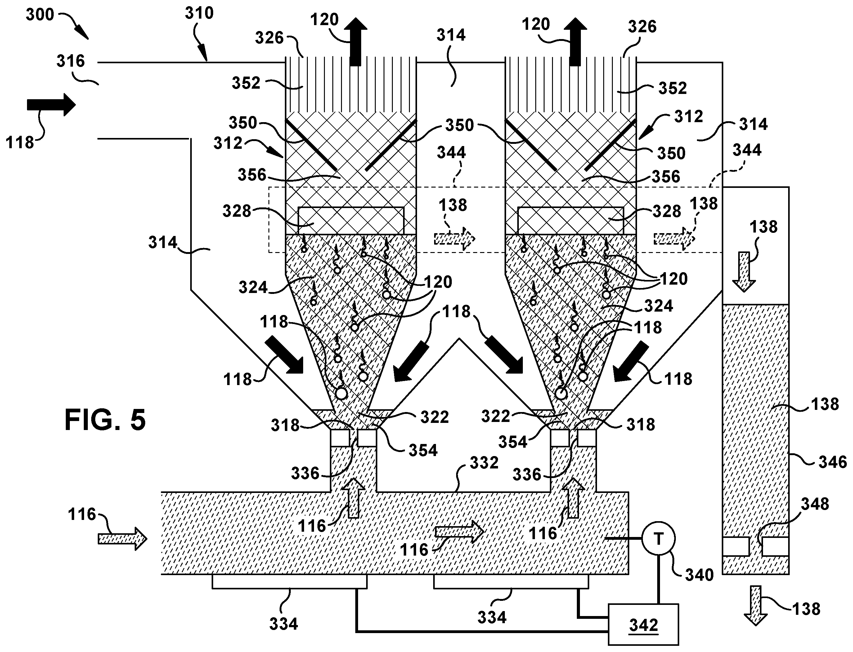 Patent US12129045 Figure 5 – Sparging evaporator with porous media for fuel enrichment in catalytic inerting system
