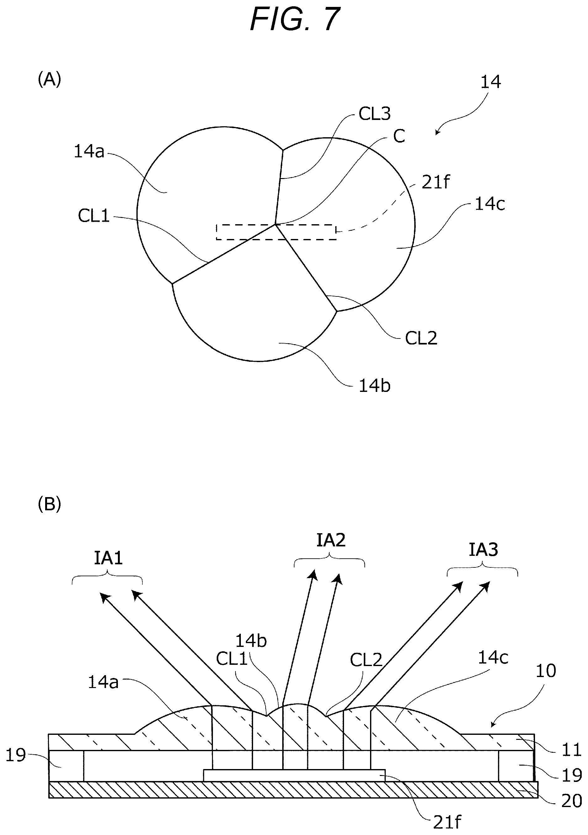 Patent US12129047 Figure 7 – Aircraft lighting unit with lens that splits light of single light-emitting element in different directions