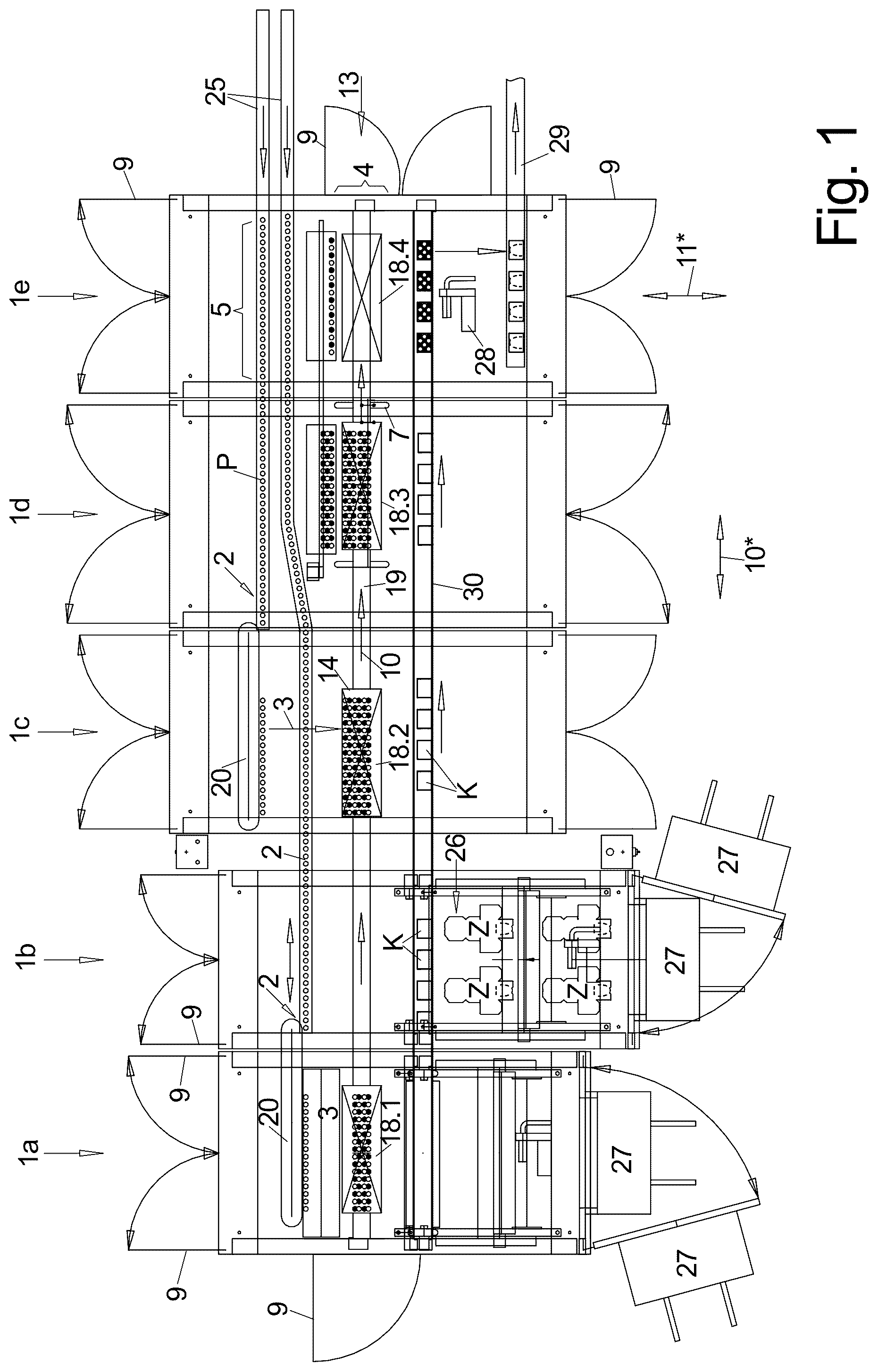 Patent US12129062 — Packaging machine with a grouping device and method for producing single-layer groups of partially overlapping products — Figure 1