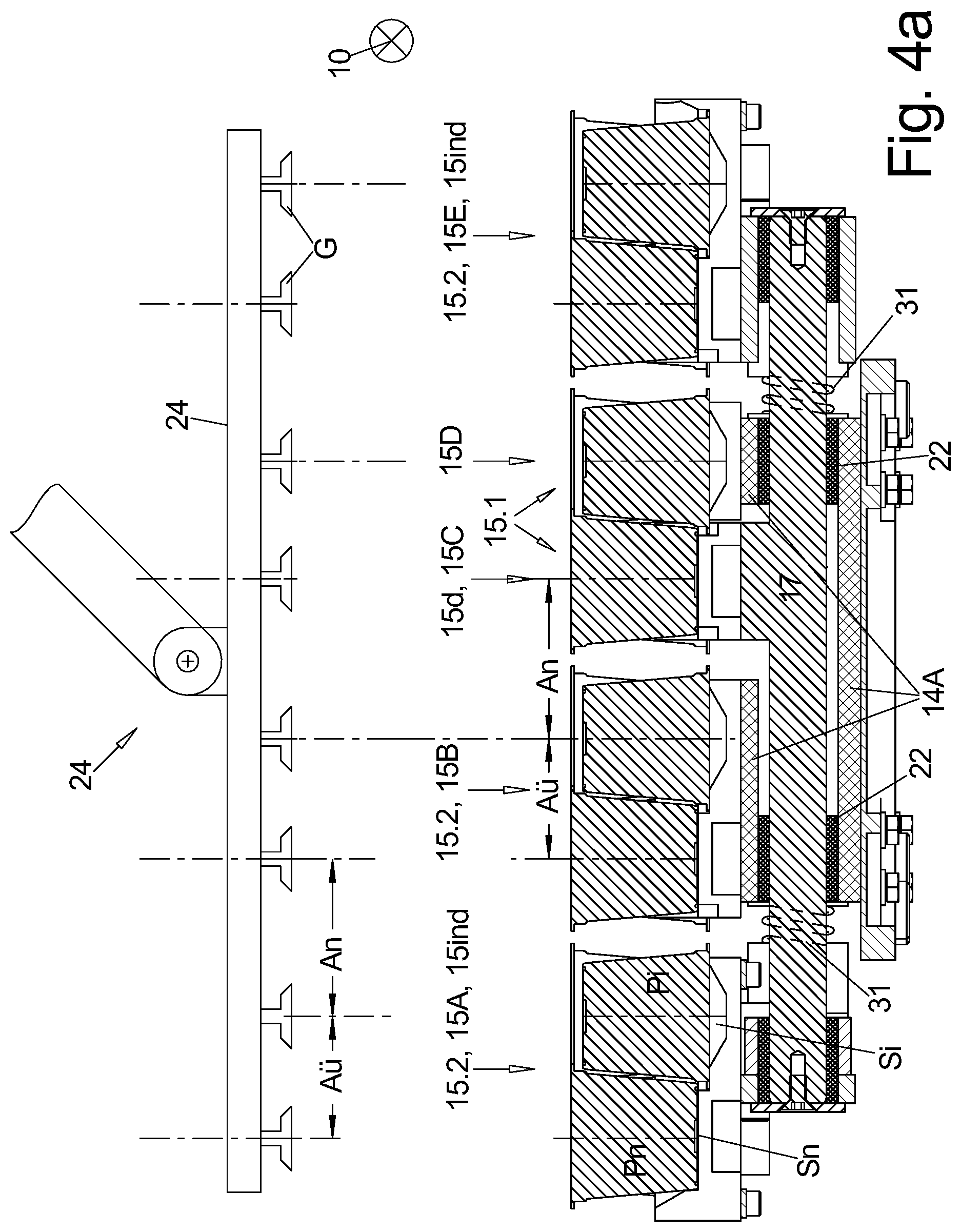 Patent US12129062 Figure 7 – Packaging machine with a grouping device and method for producing single-layer groups of partially overlapping products