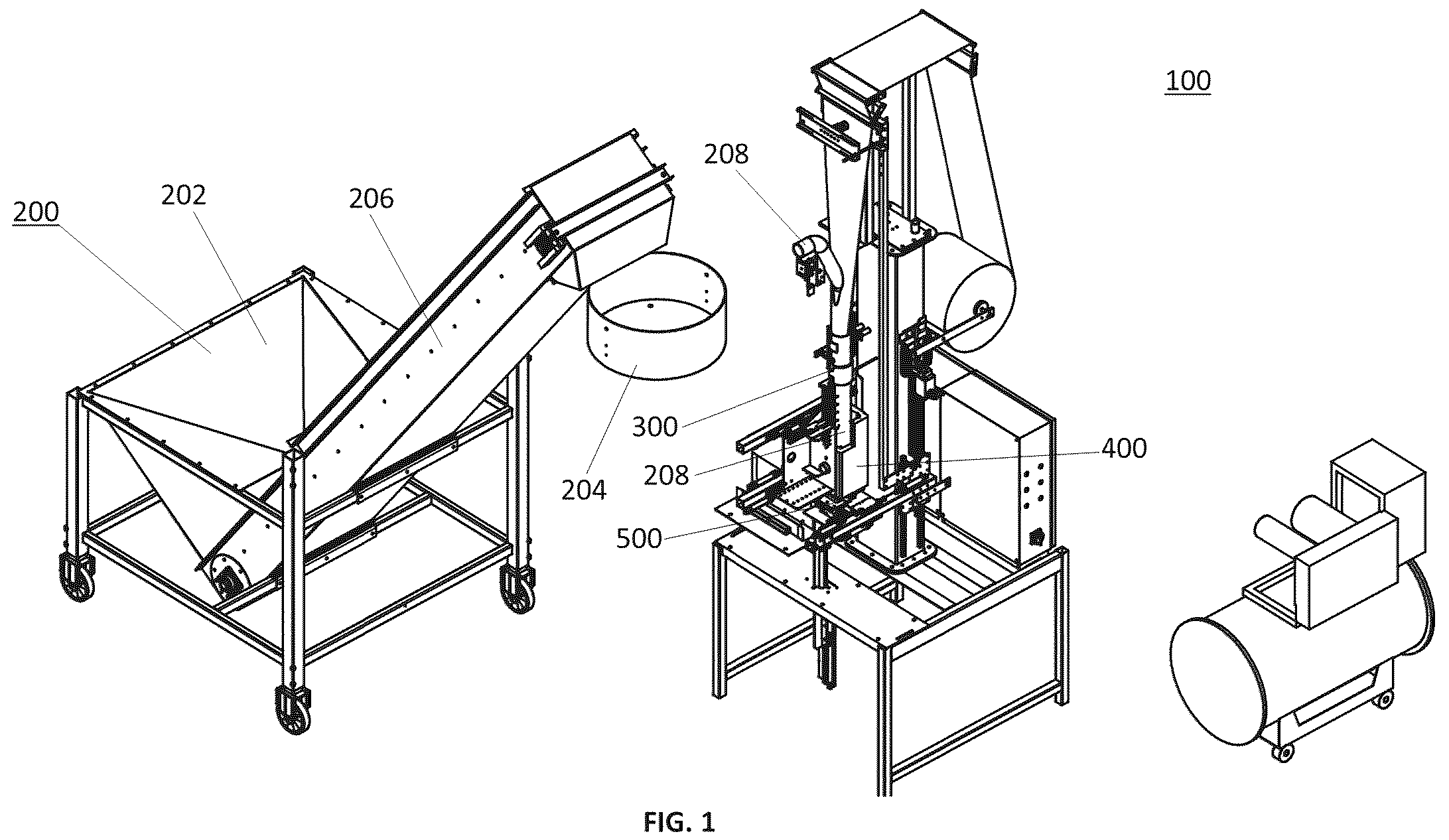 Patent US12129071 Figure 1 – Apparatus for line production of plant growth medium pots or bags