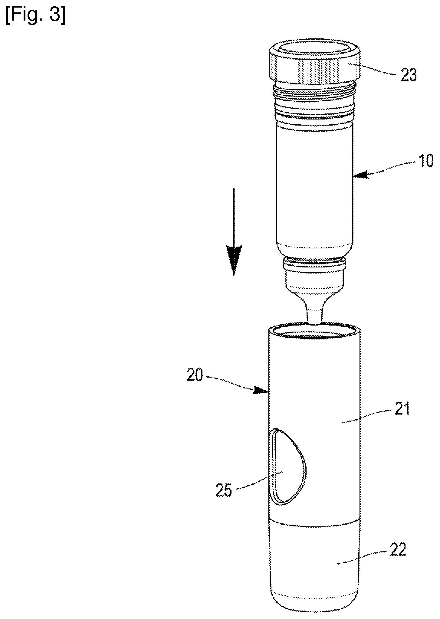 Patent US12129073 Figure 2 – Assembly composed of a container for a fluid and a dispenser packaging