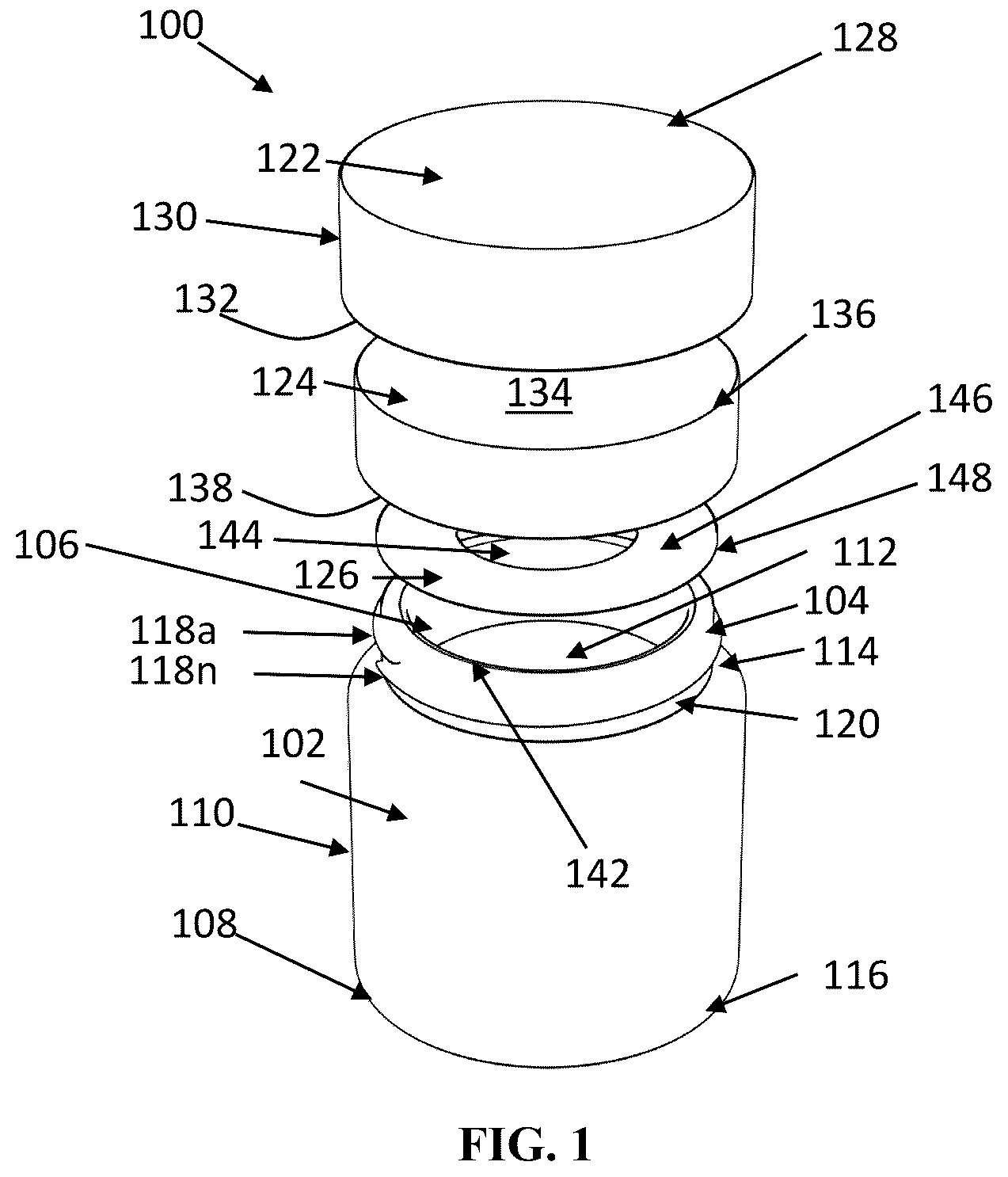 Patent US12129079 Figure 1 – Resealable airtight storage jar assembly