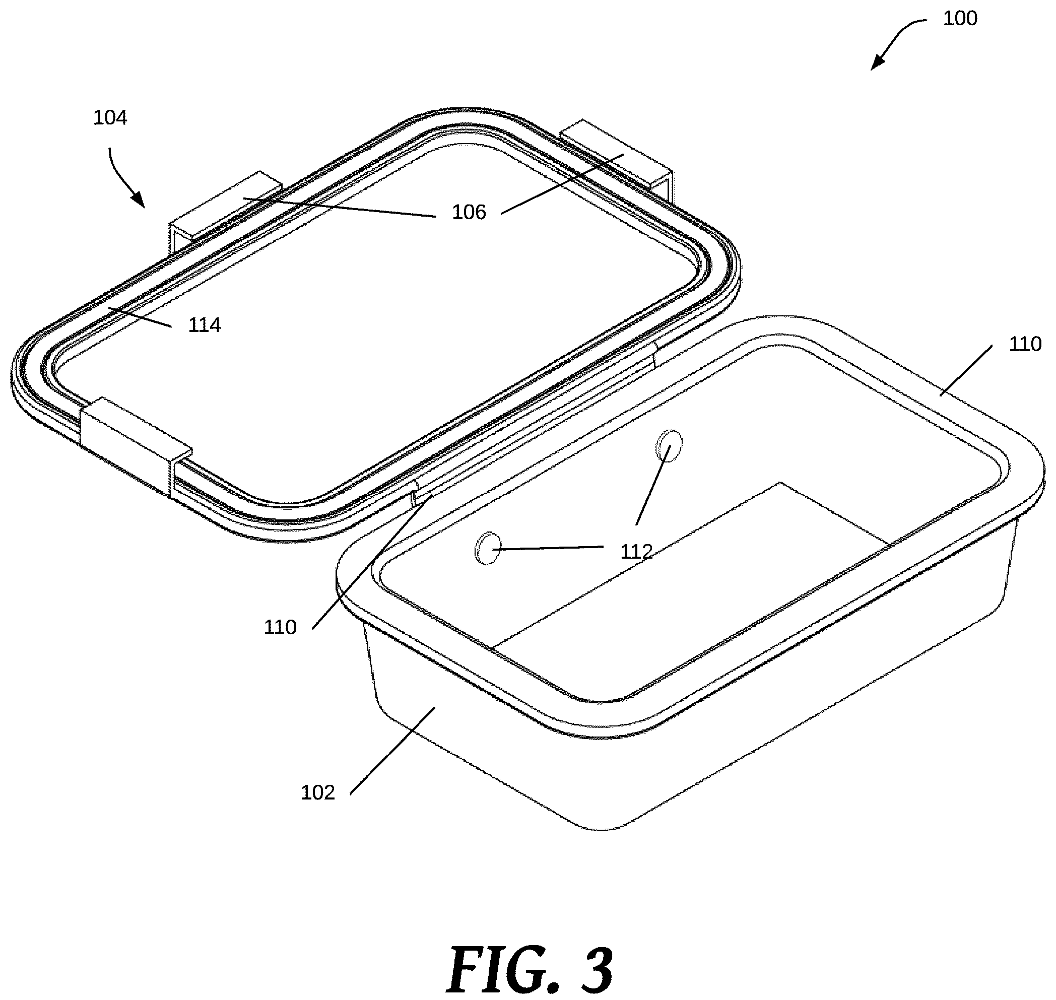 Patent US12129082 Figure 3 – Food storage container having attached lid