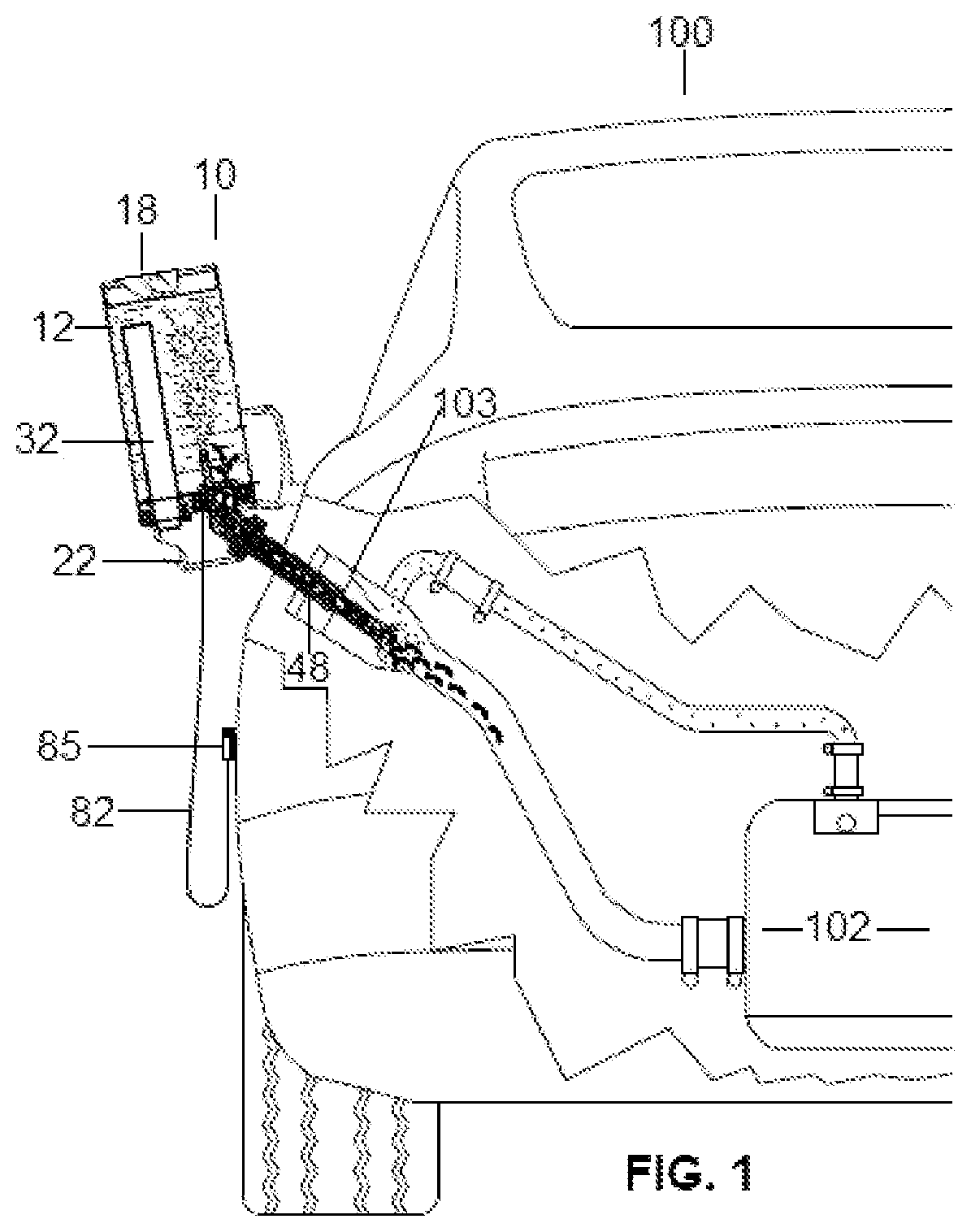 Patent US12129083 Figure 1 – Fuel container assembly