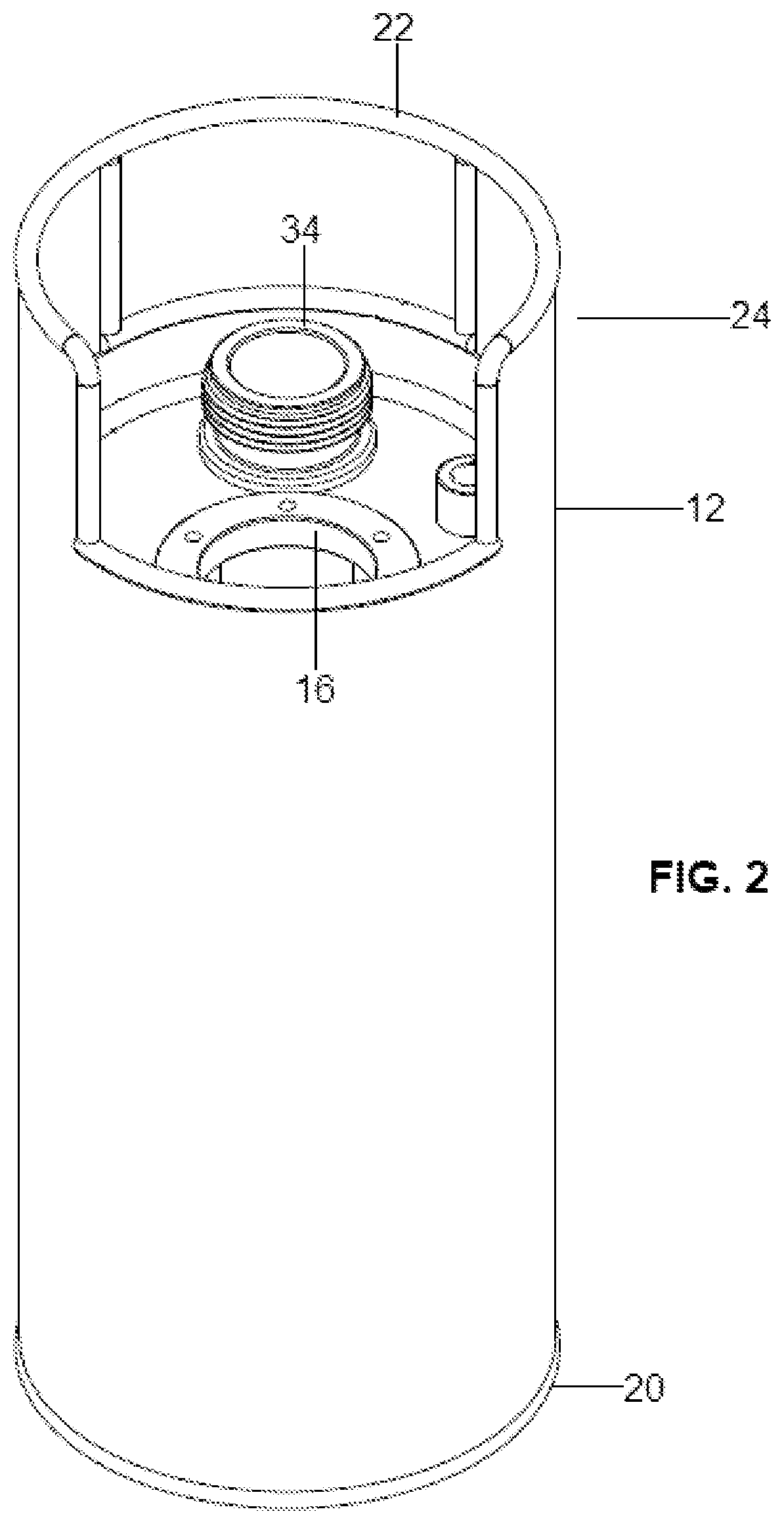 Patent US12129083 Figure 2 – Fuel container assembly