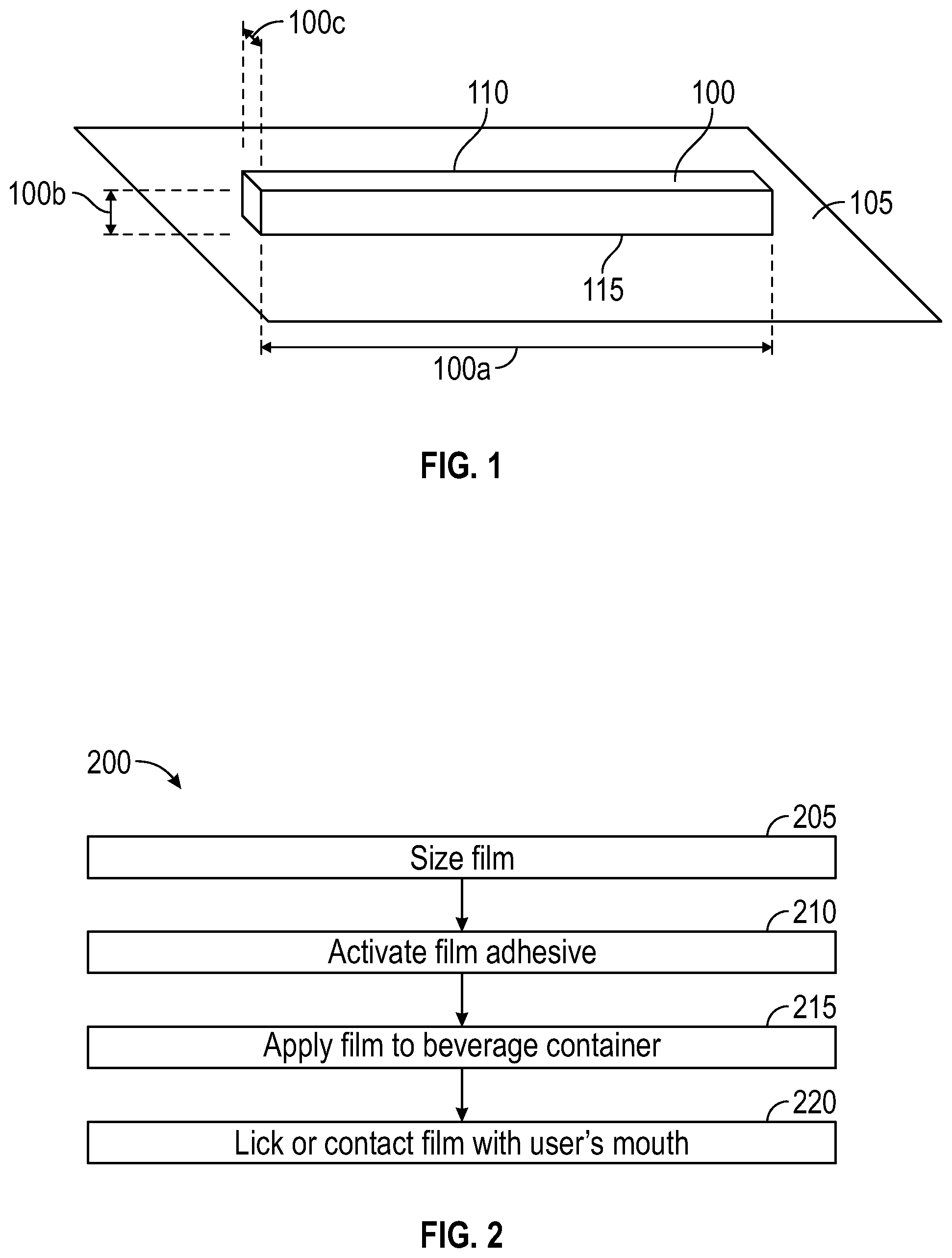 Patent US12129089 Figure 1 – Adhesive flavor strip for beverage containers and/or edible products