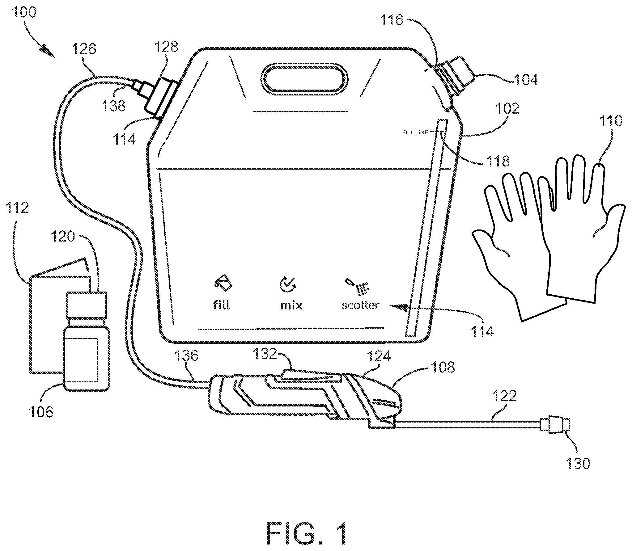 Patent US12129097 Figure 1 – Connectors and methods for contactless transfer of fluid between containers