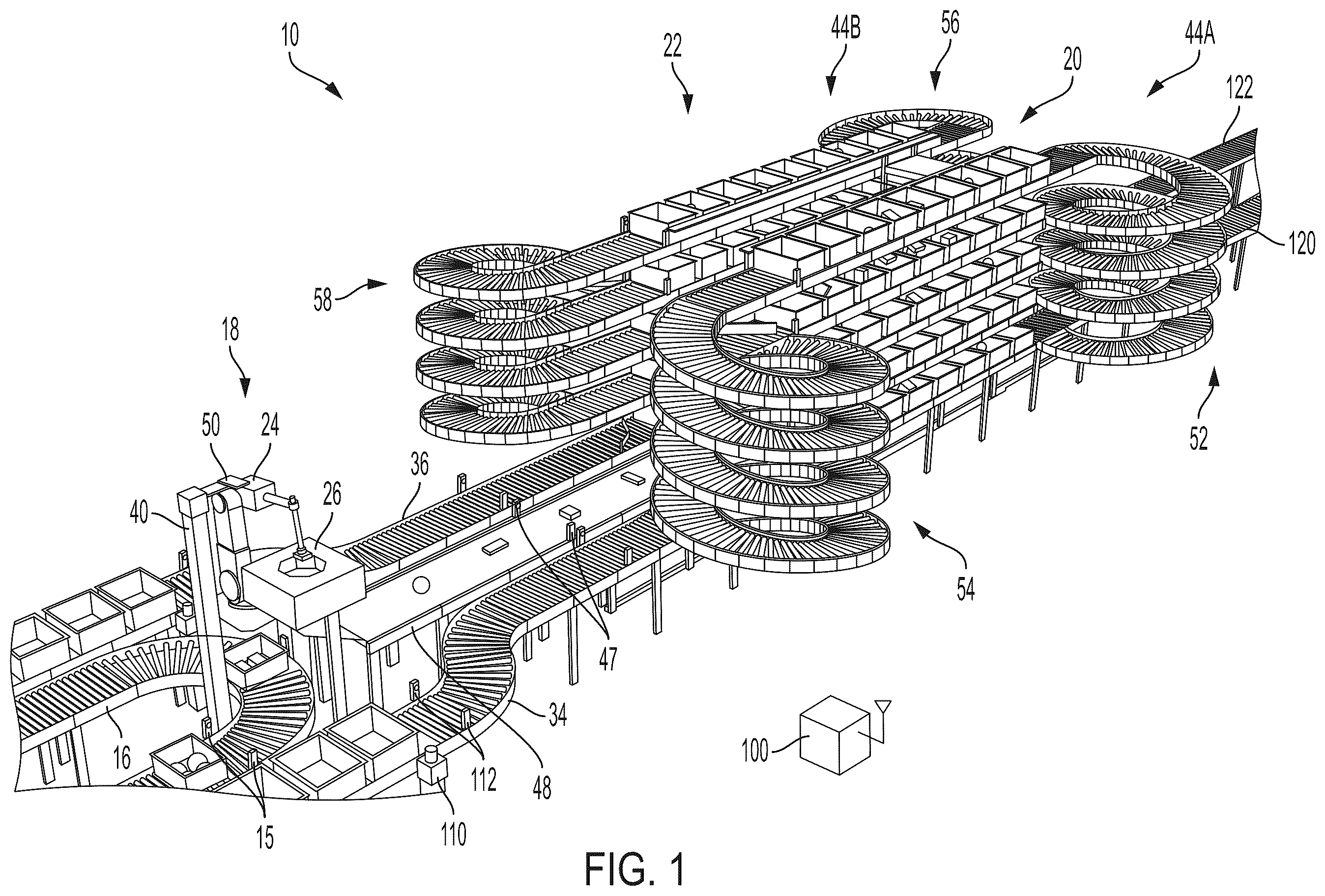 Patent US12129125 Figure 1 – Systems and methods for providing order fulfillment using a conveyor takeaway system