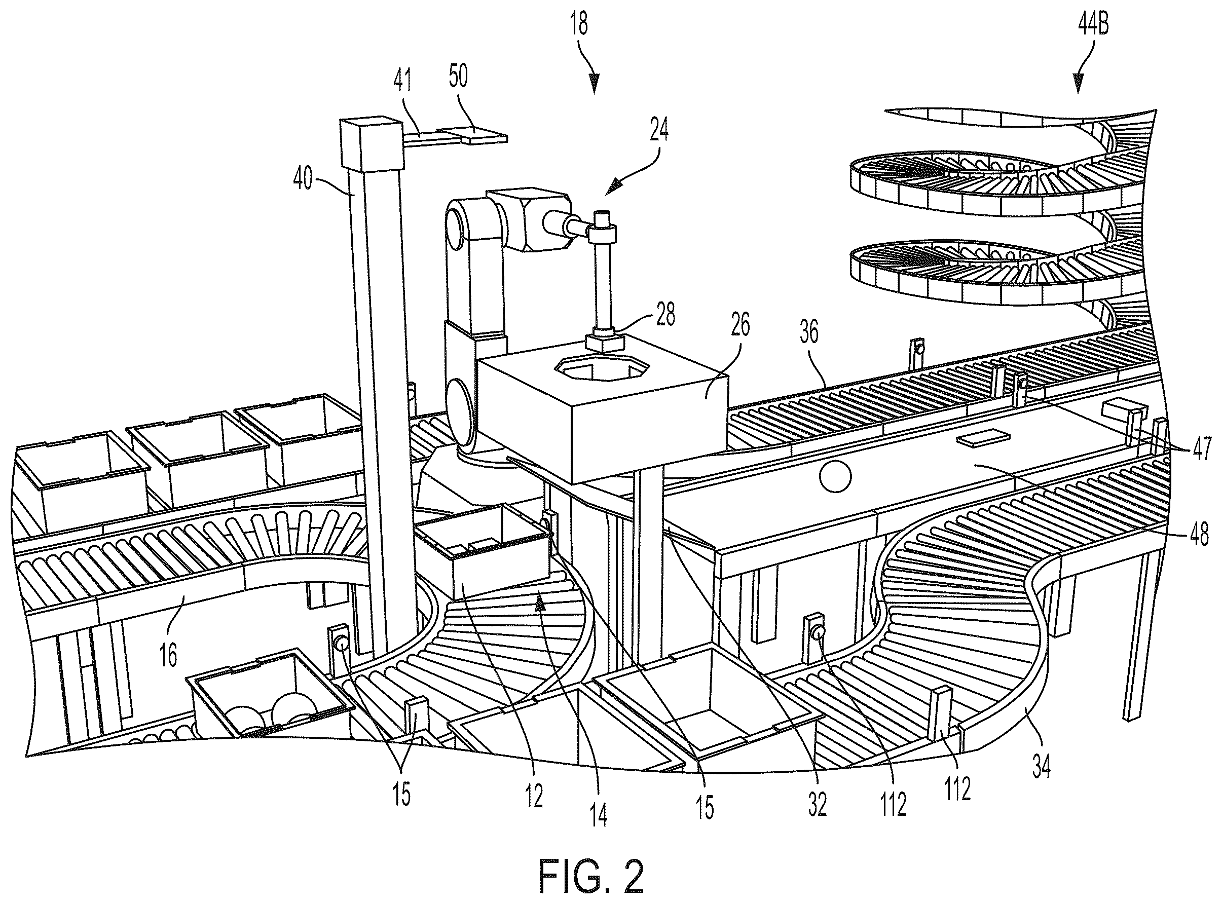 Patent US12129125 Figure 2 – Systems and methods for providing order fulfillment using a conveyor takeaway system