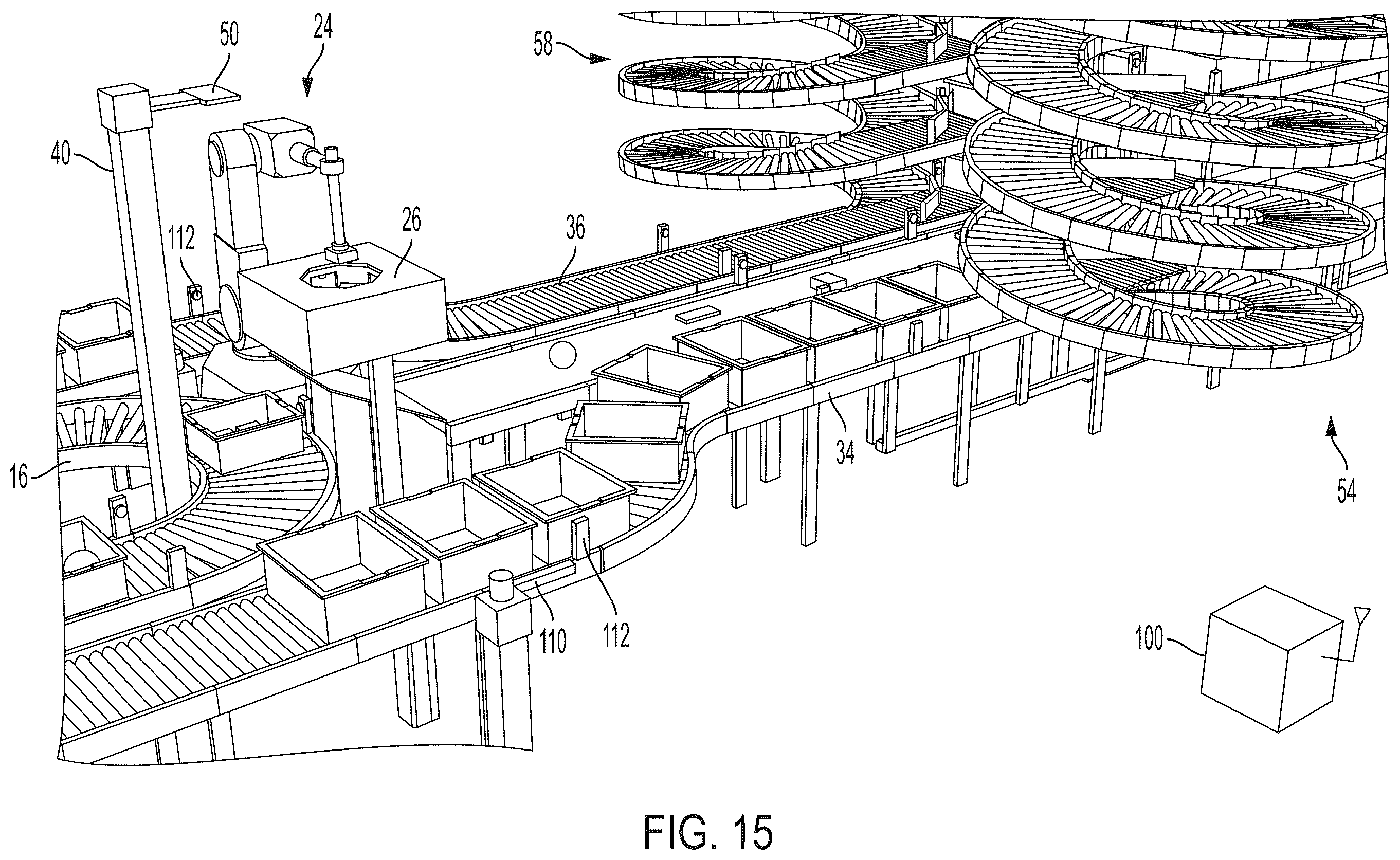 Patent US12129125 Figure 16 – Systems and methods for providing order fulfillment using a conveyor takeaway system