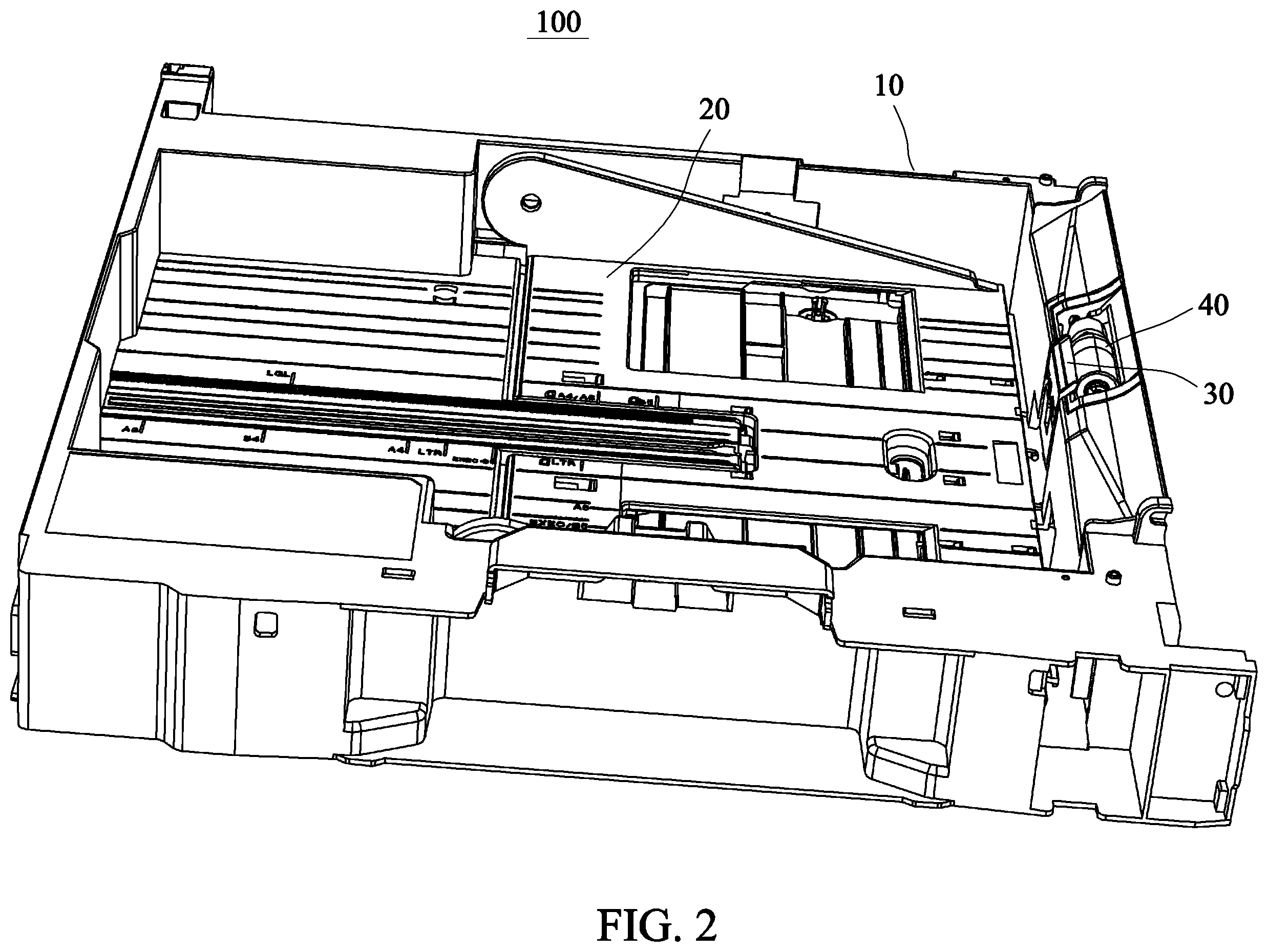 Patent US12129136 Figure 2 – Sheet input module having interlocking sheet-stopper structure and printing device using such sheet input module