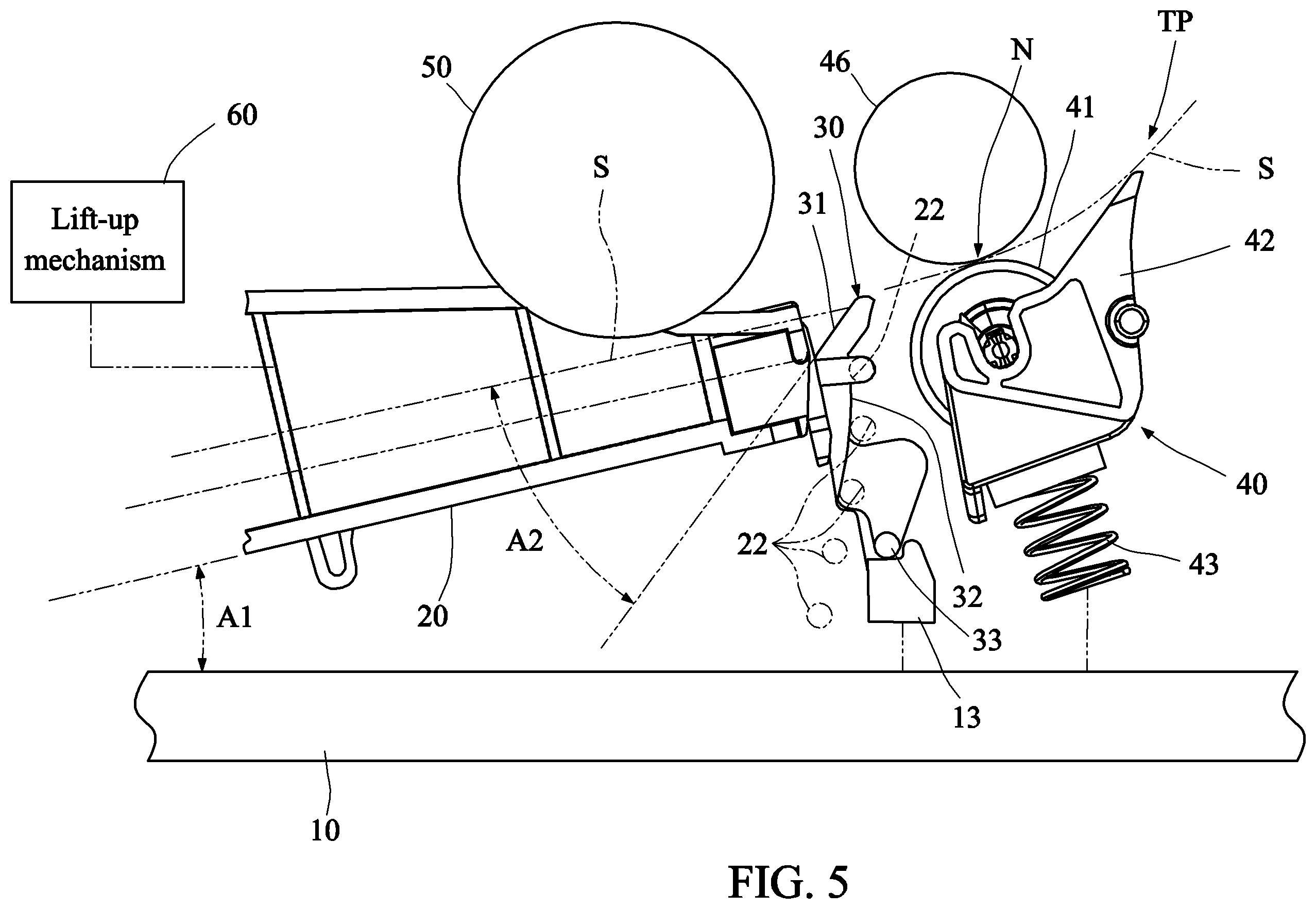 Patent US12129136 Figure 5 – Sheet input module having interlocking sheet-stopper structure and printing device using such sheet input module