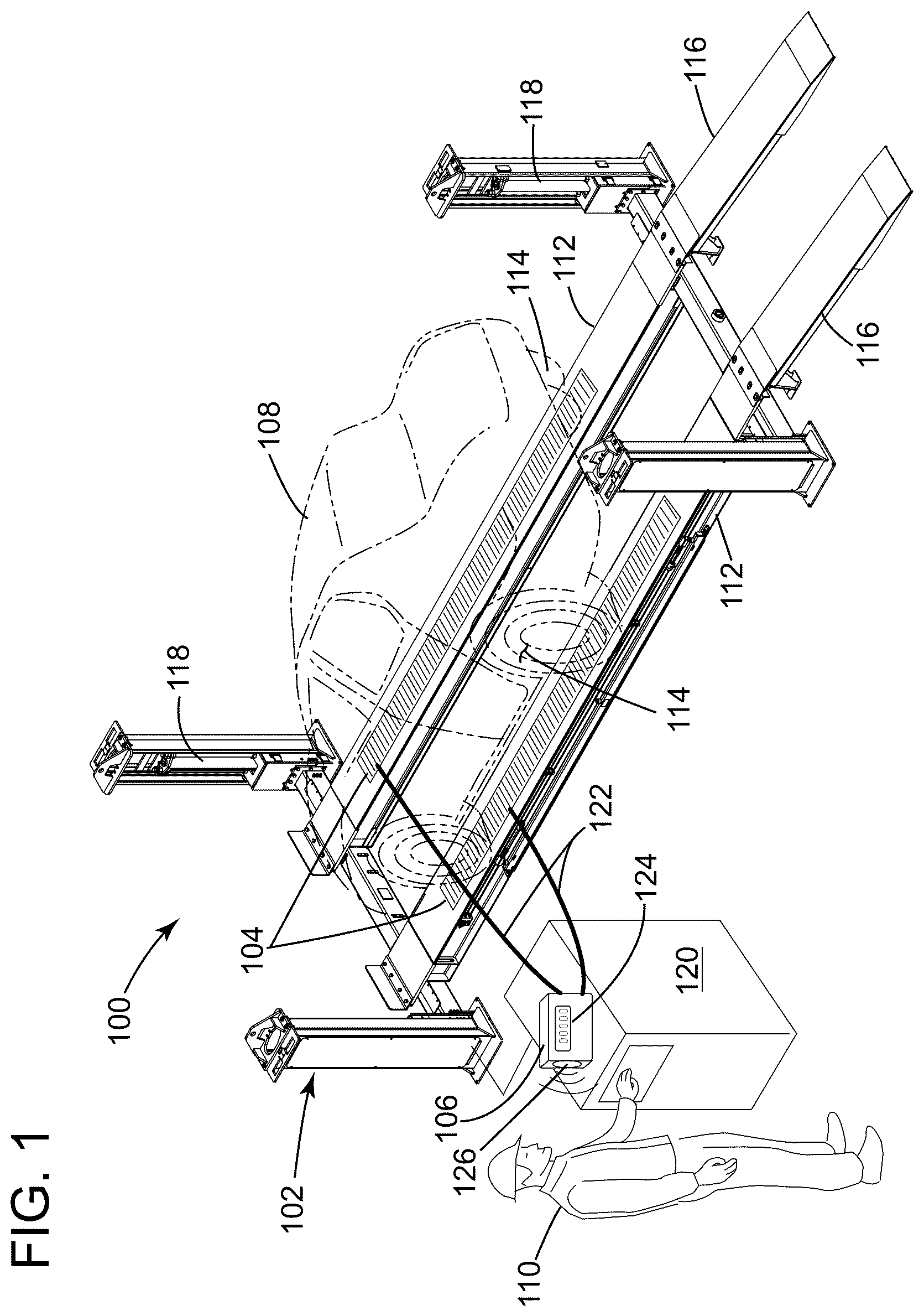 Patent US12129156 Figure 1 – Apparatus and method of voltage detection of vehicles on a vehicle lift system