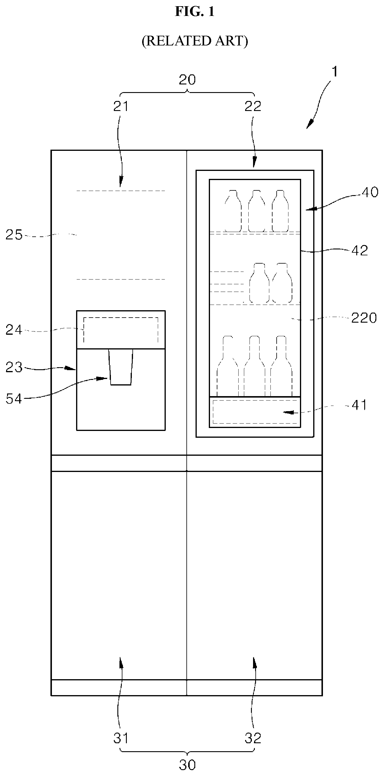 Patent US12129162 Figure 1 – Refrigerator having dispenser