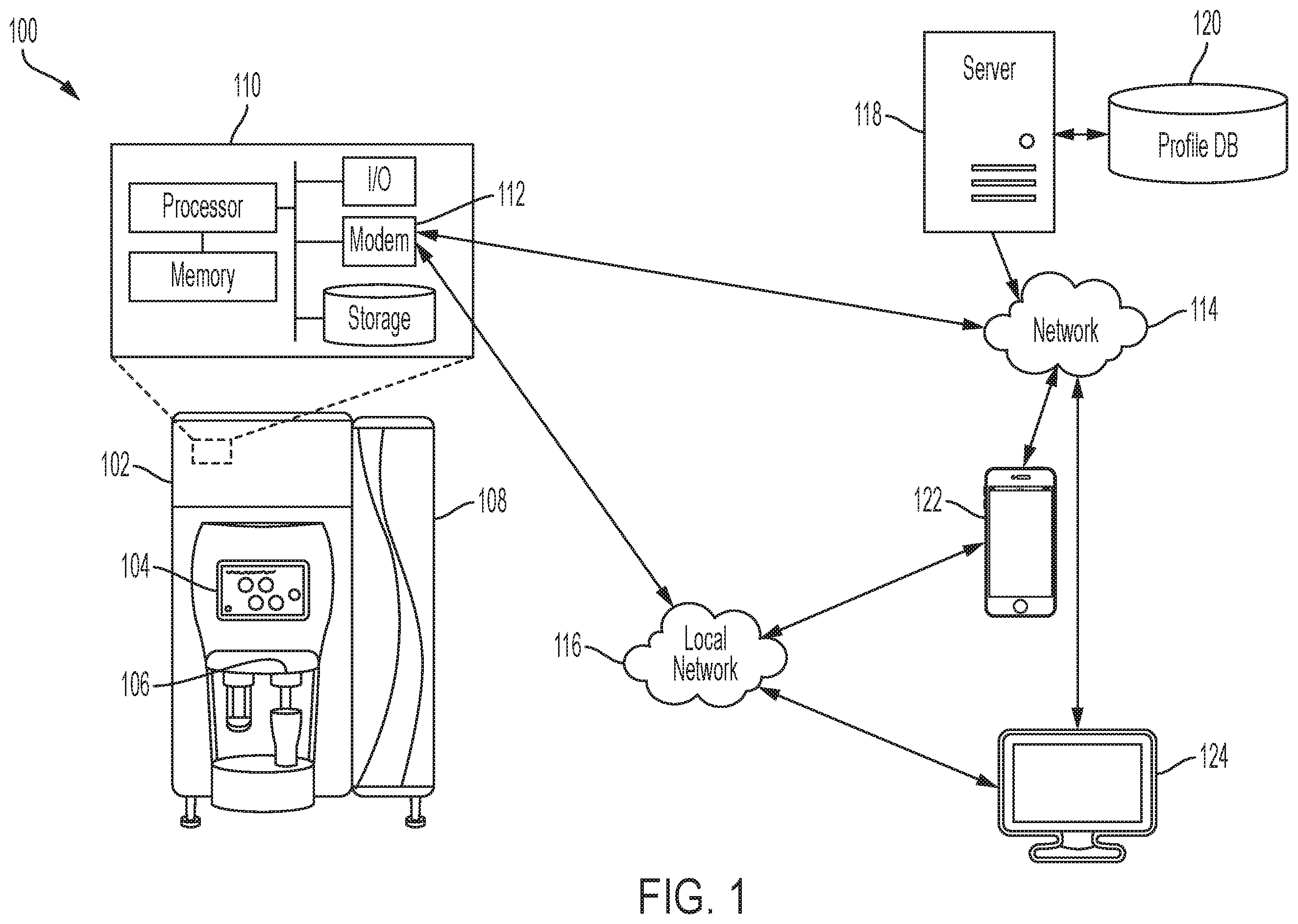 Patent US12129163 Figure 1 – Remote beverage selection with a beverage dispenser