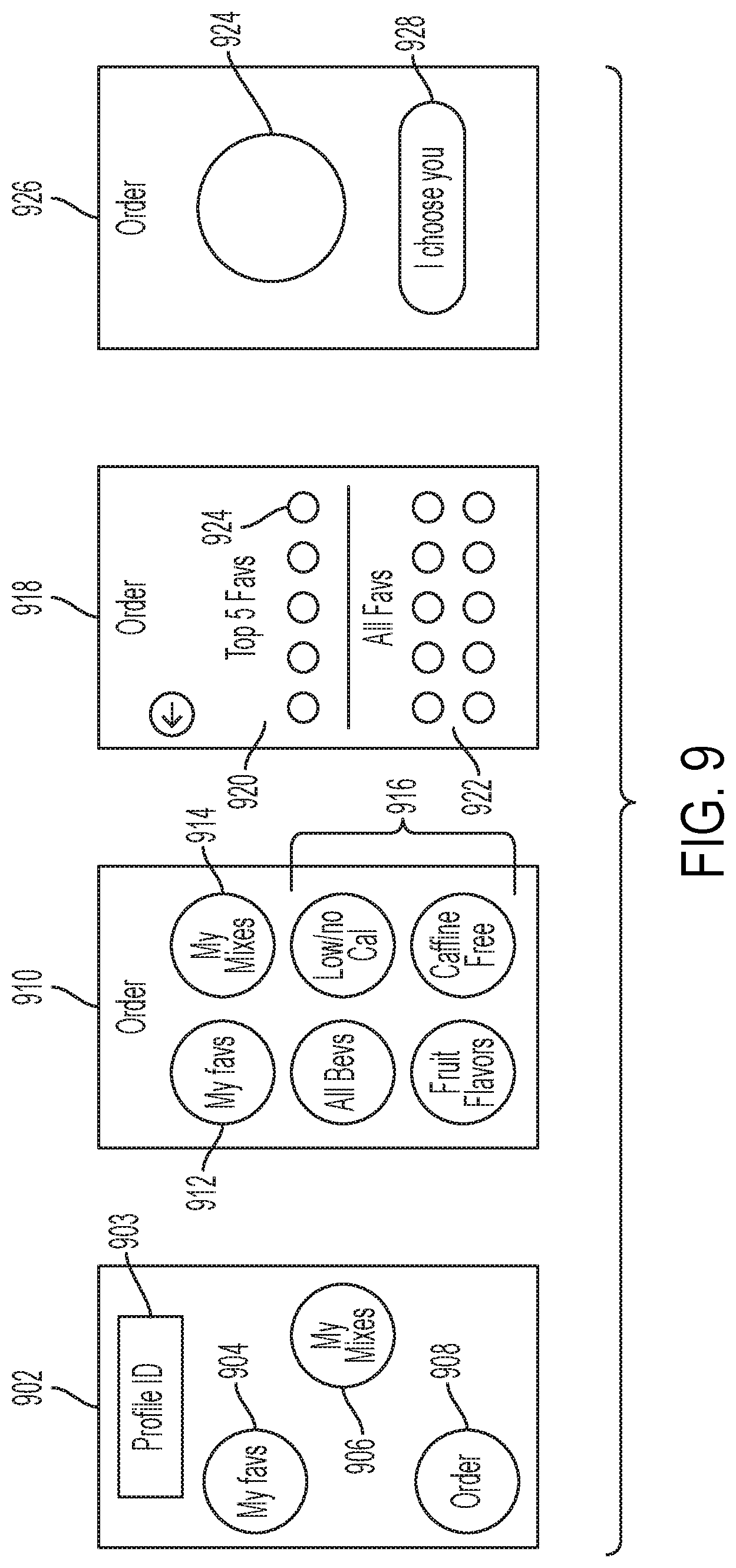 Patent US12129163 Figure 9 – Remote beverage selection with a beverage dispenser
