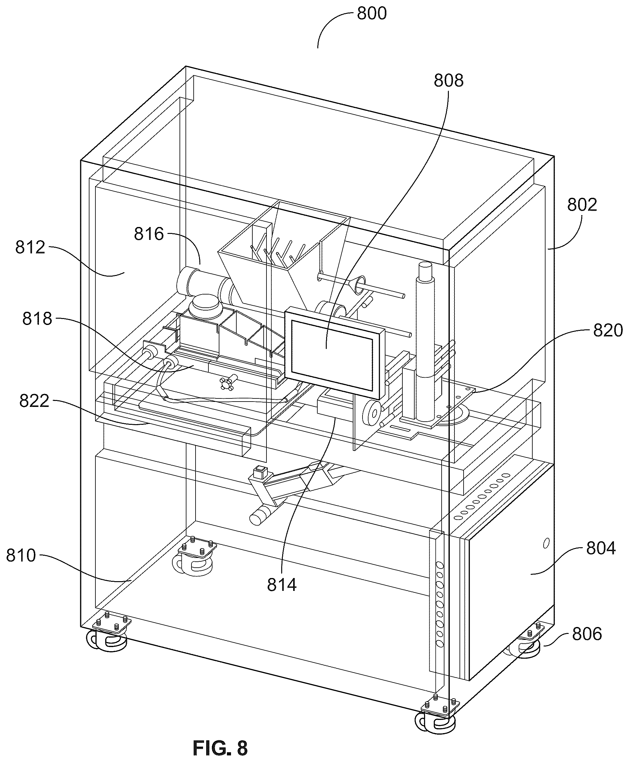 Patent US12129164 Figure 8 – Automated pizza assembly system