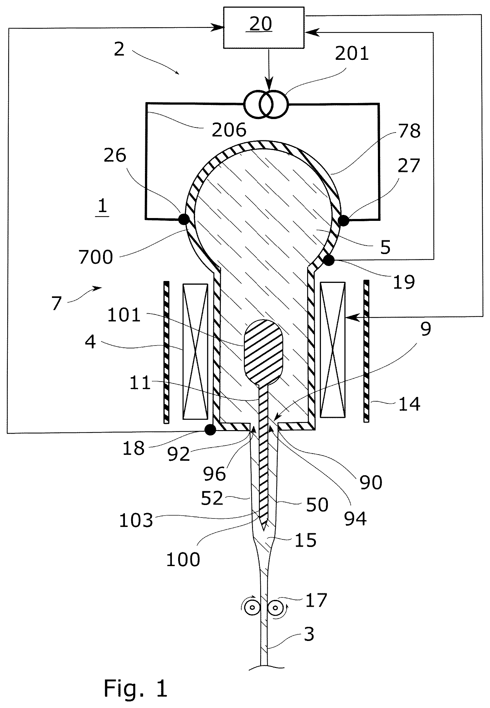 Patent US12129197 Figure 1 – Apparatus and method for producing glass ribbons