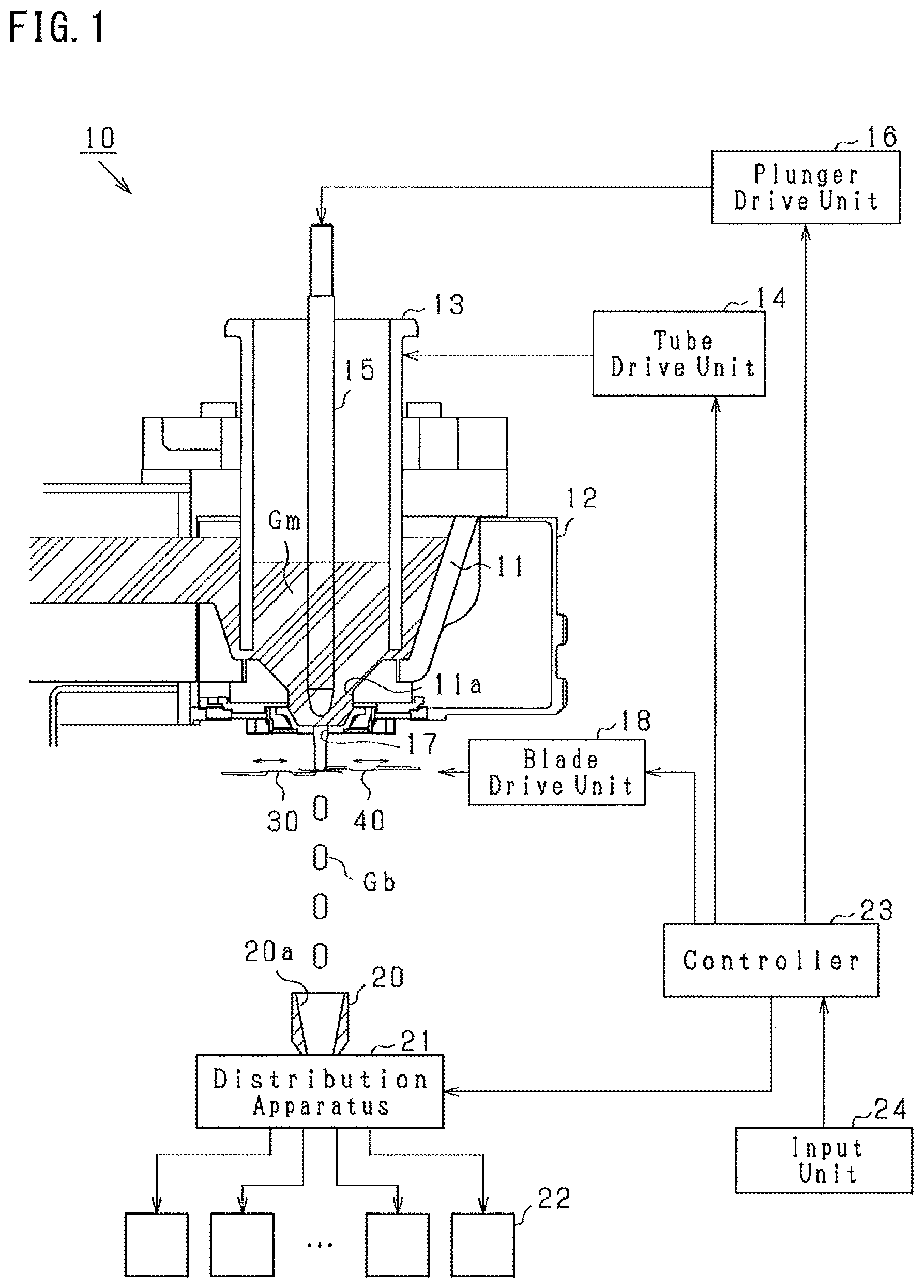 Patent US12129200 Figure 1 – Molten glass cutting apparatus and glass product manufacturing apparatus