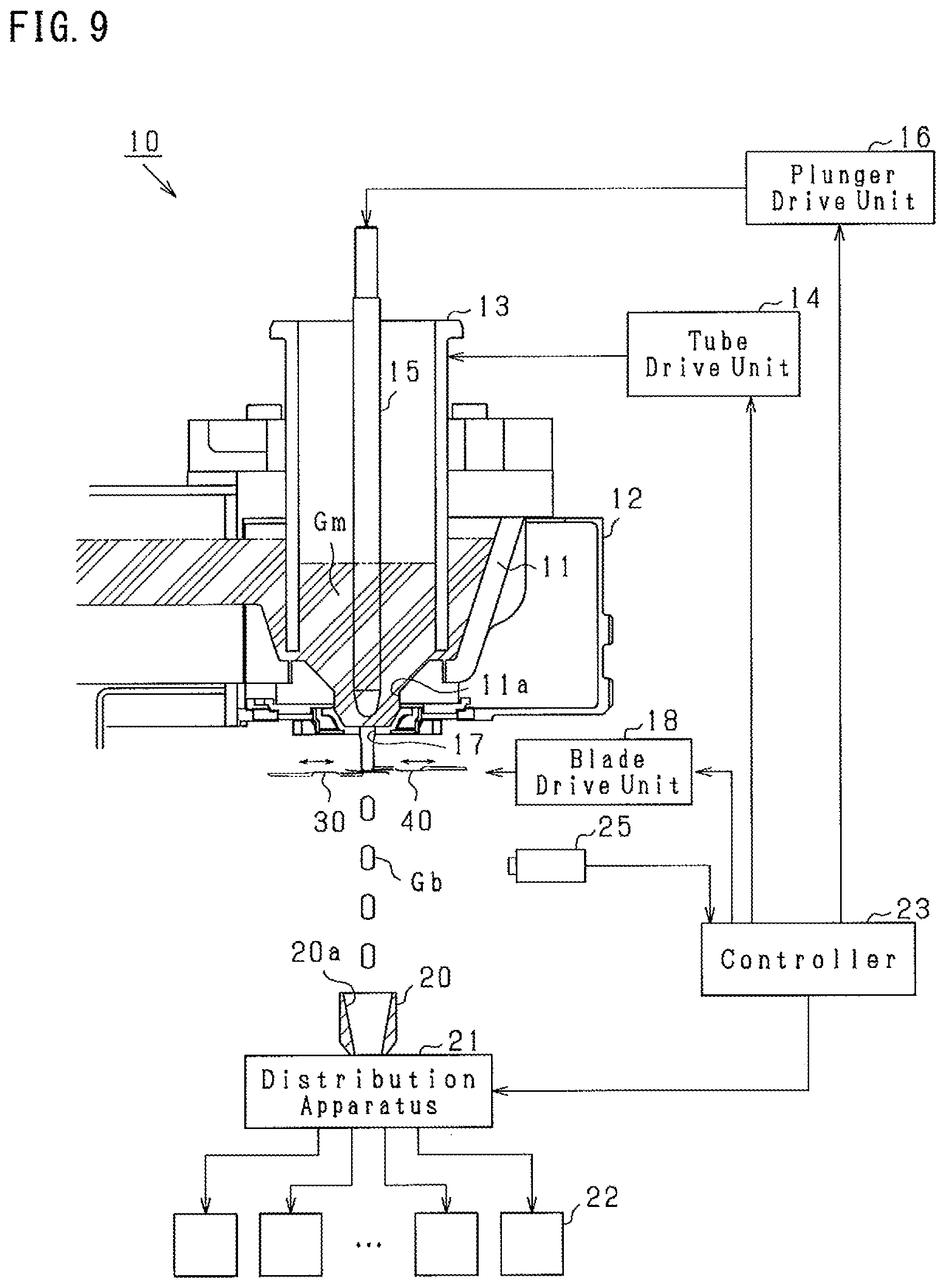 Patent US12129200 Figure 9 – Molten glass cutting apparatus and glass product manufacturing apparatus