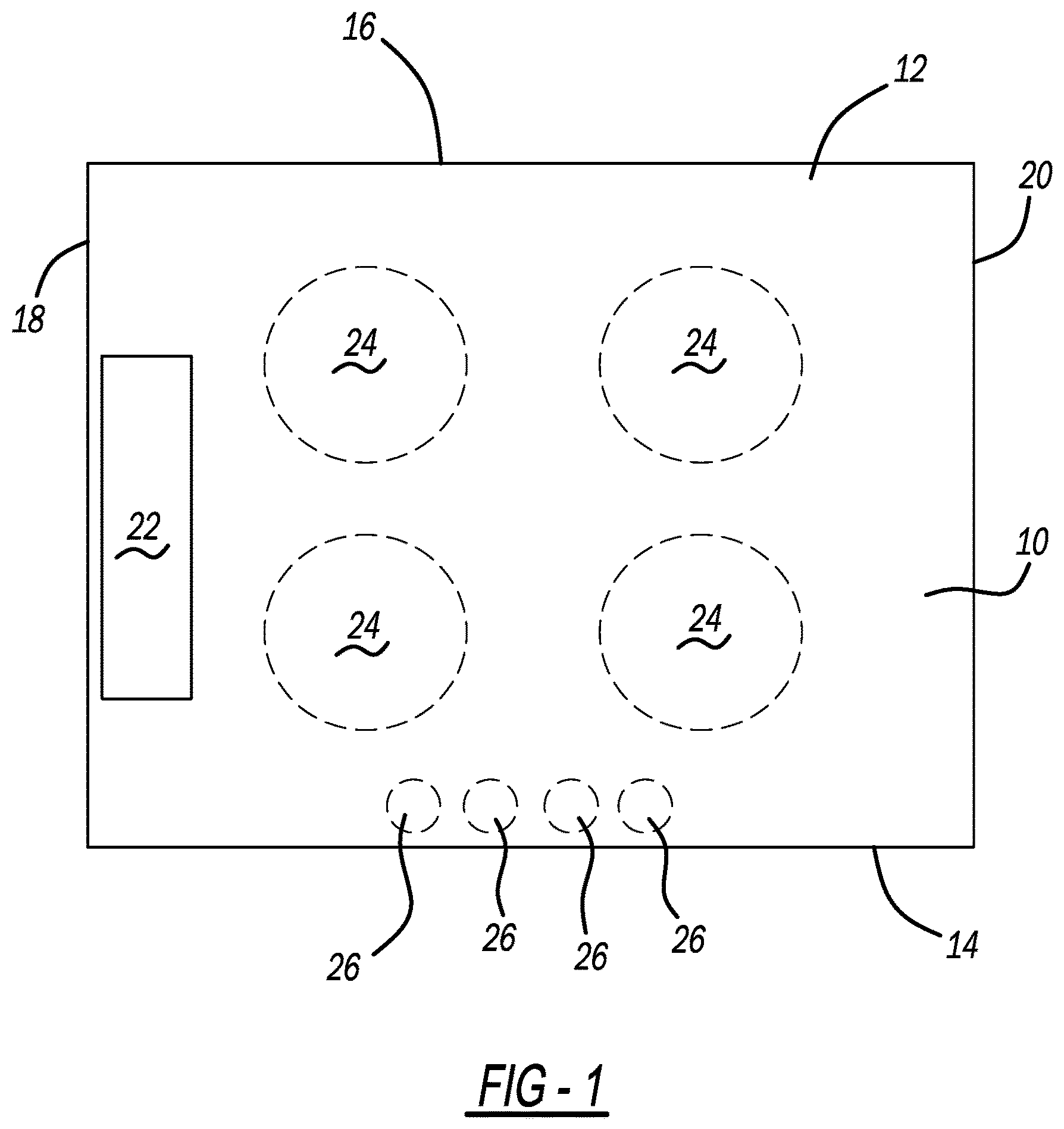 Patent US12129202 Figure 1 – Spill containment and management system for glass ceramic cooktop