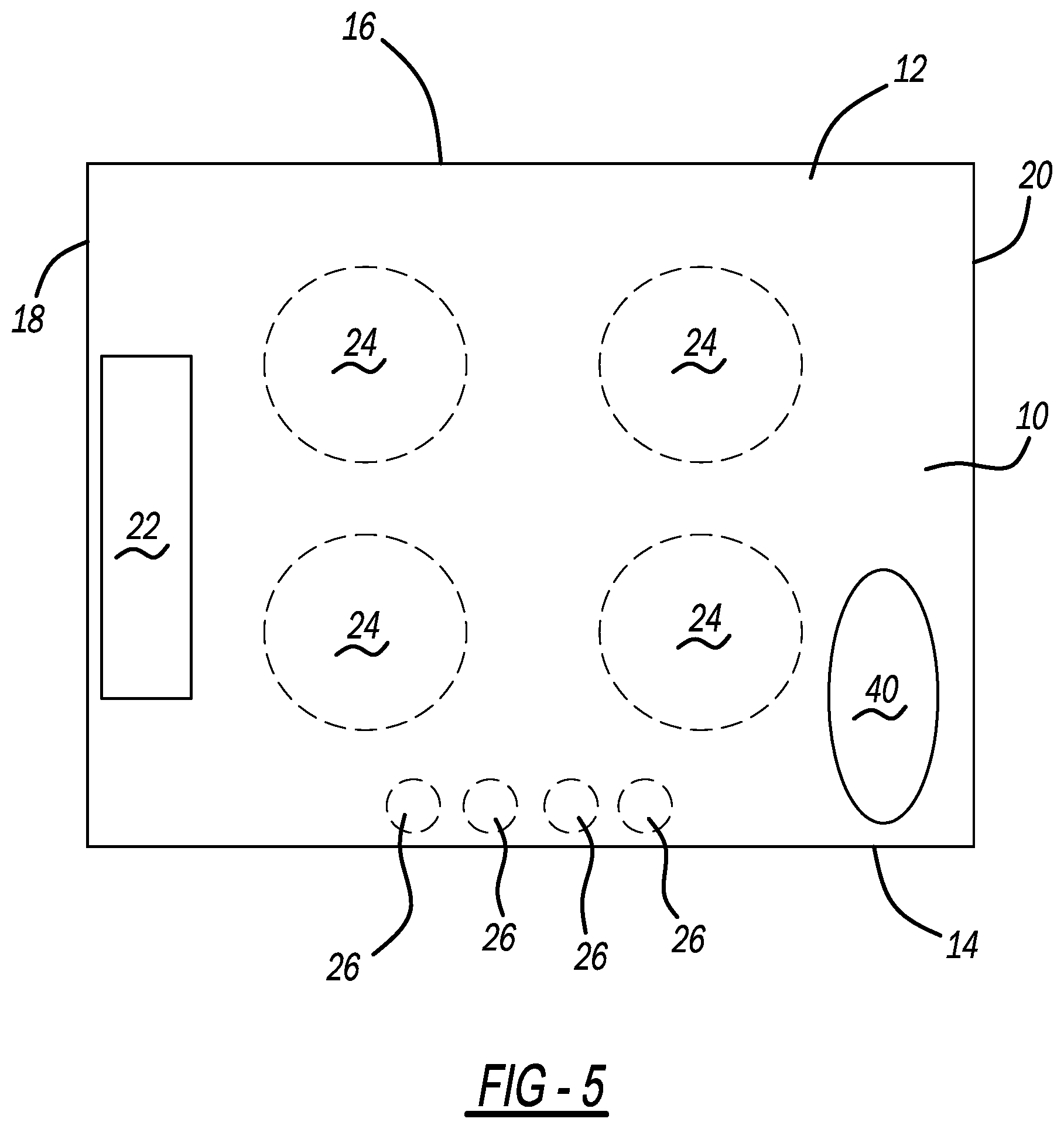 Patent US12129202 Figure 5 – Spill containment and management system for glass ceramic cooktop