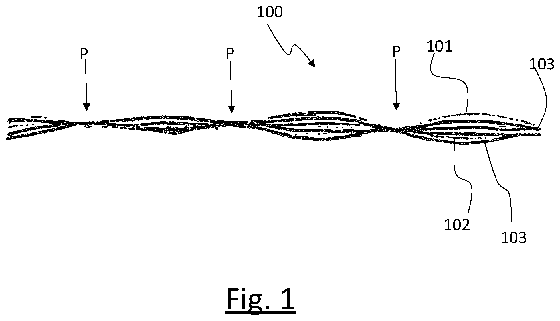 Patent US12129577 Figure 1 – Composite yarn comprising at least two bundles of coalesced elastic filaments and a plurality of inelastic elements