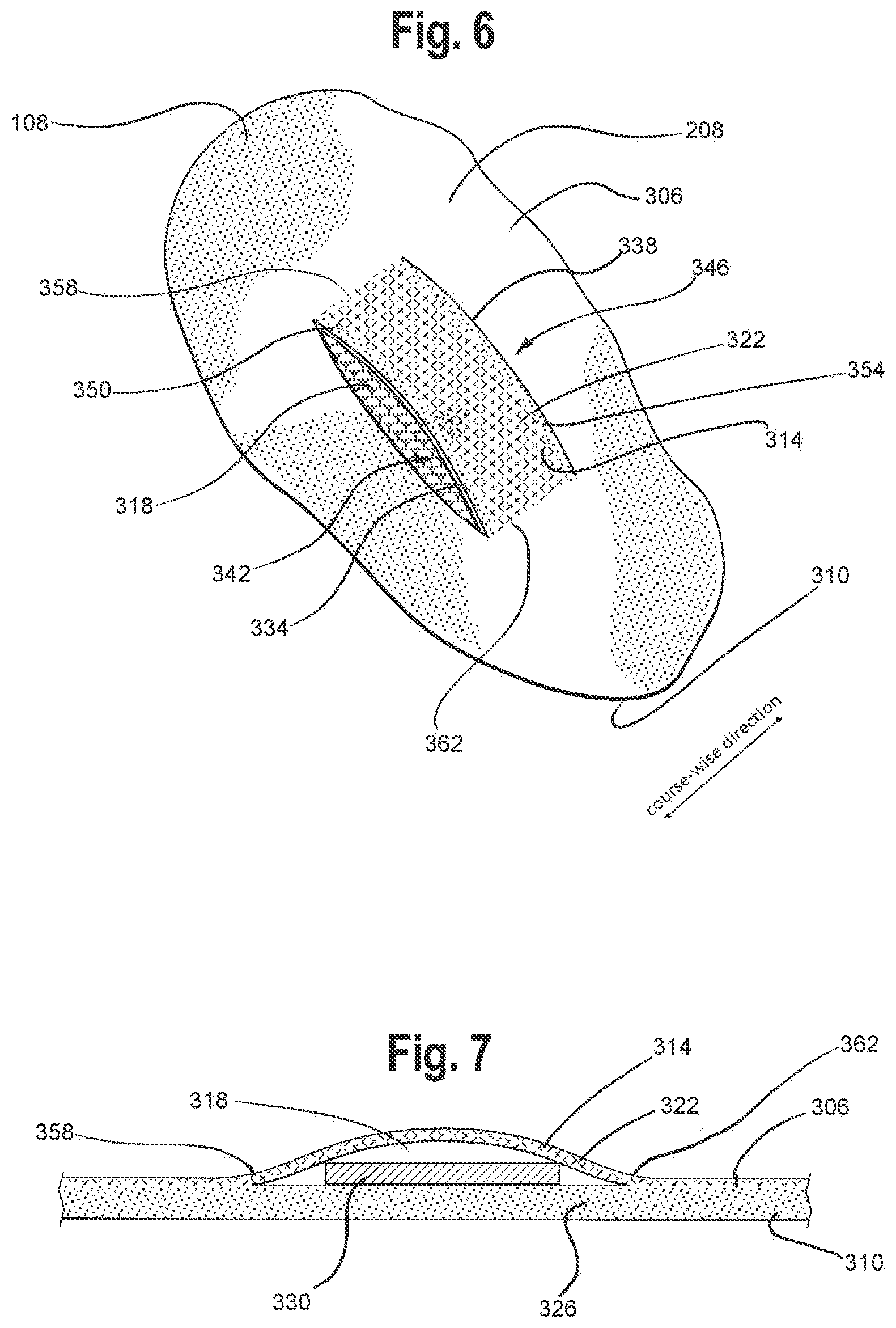 Patent US12129578 Figure 4 – Multiple layer knitted components having multi-bed area