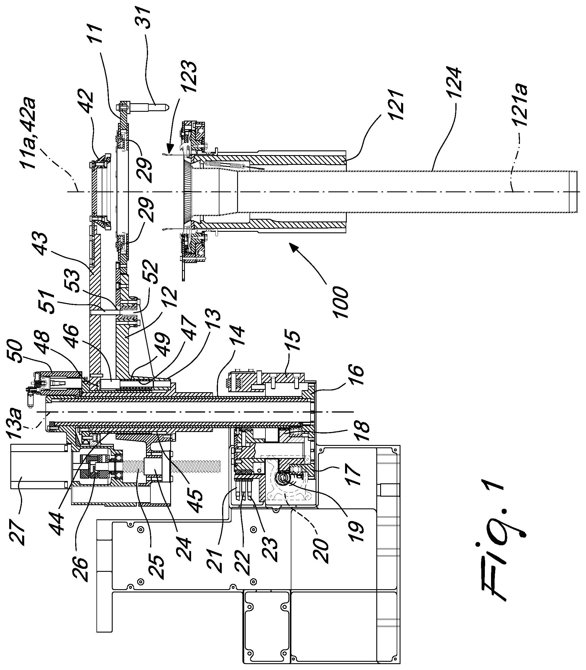 Patent US12129580 Figure 1 – Pick-up device for picking up a tubular knitted article from a circular knitting machine and for its transfer to a unit adapted to perform additional operations on the article