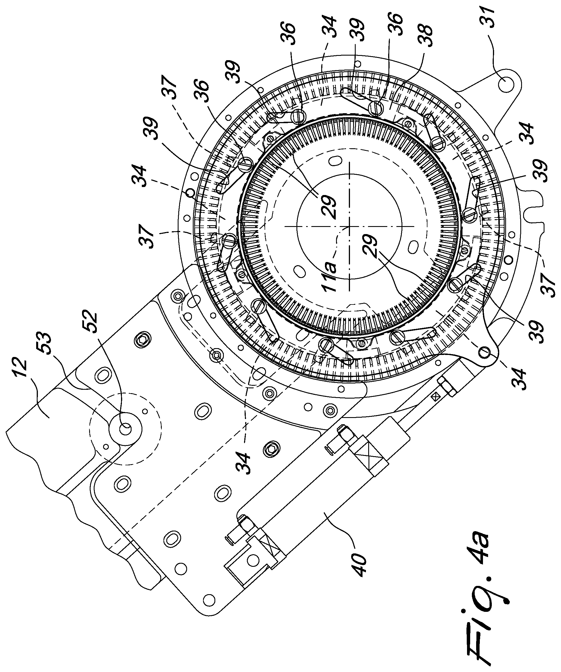 Patent US12129580 Figure 7 – Pick-up device for picking up a tubular knitted article from a circular knitting machine and for its transfer to a unit adapted to perform additional operations on the article