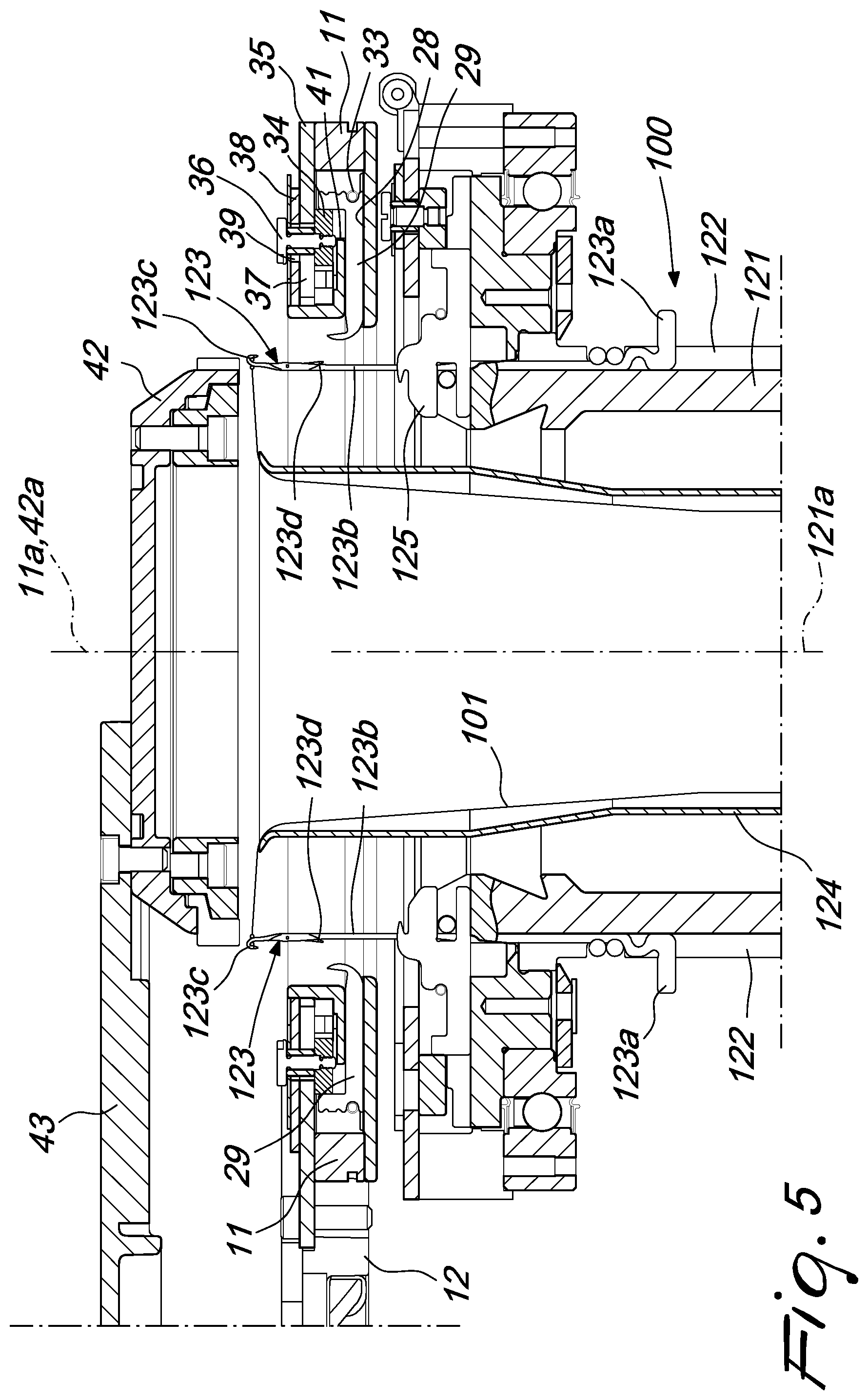 Patent US12129580 Figure 8 – Pick-up device for picking up a tubular knitted article from a circular knitting machine and for its transfer to a unit adapted to perform additional operations on the article