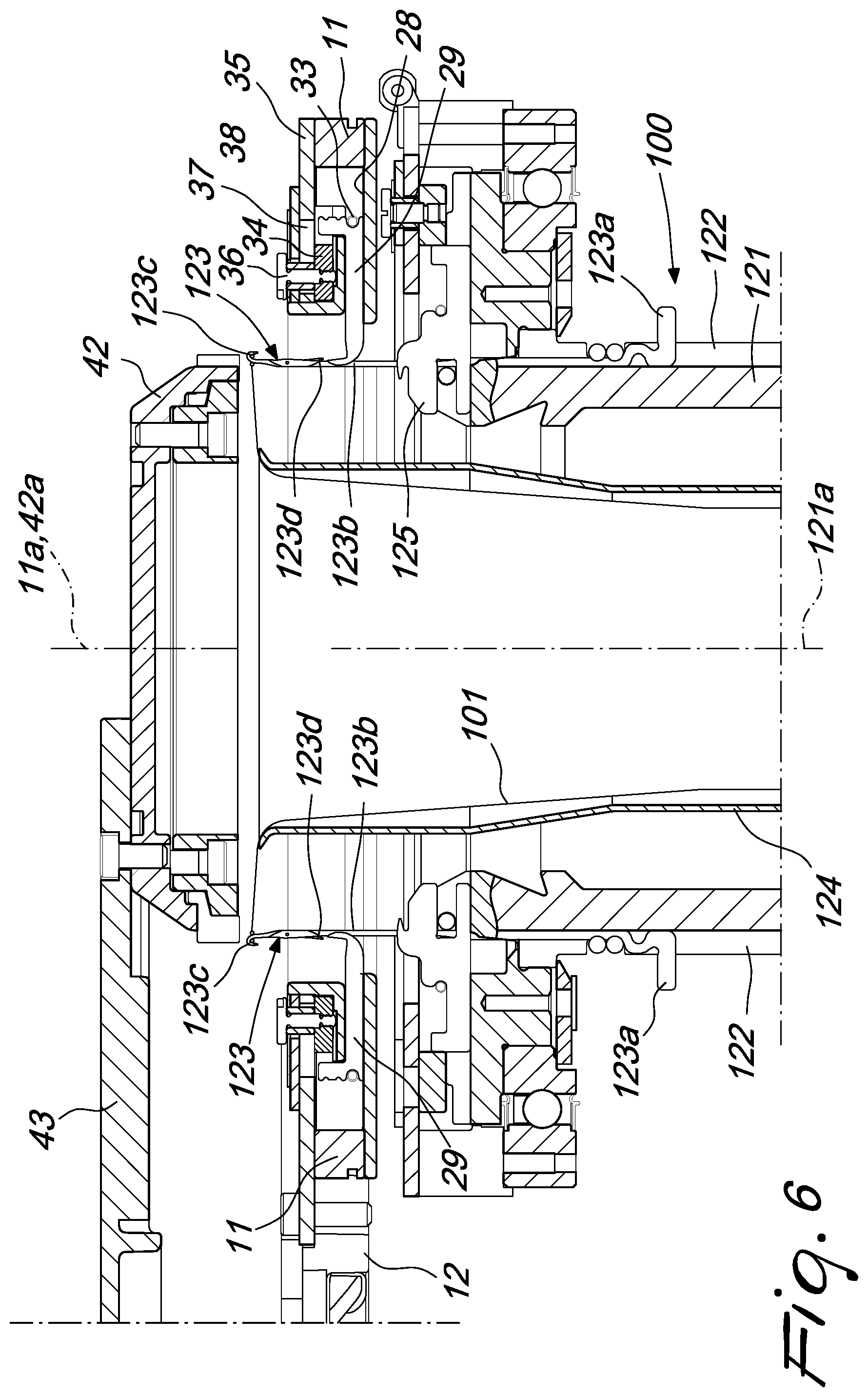 Patent US12129580 Figure 9 – Pick-up device for picking up a tubular knitted article from a circular knitting machine and for its transfer to a unit adapted to perform additional operations on the article