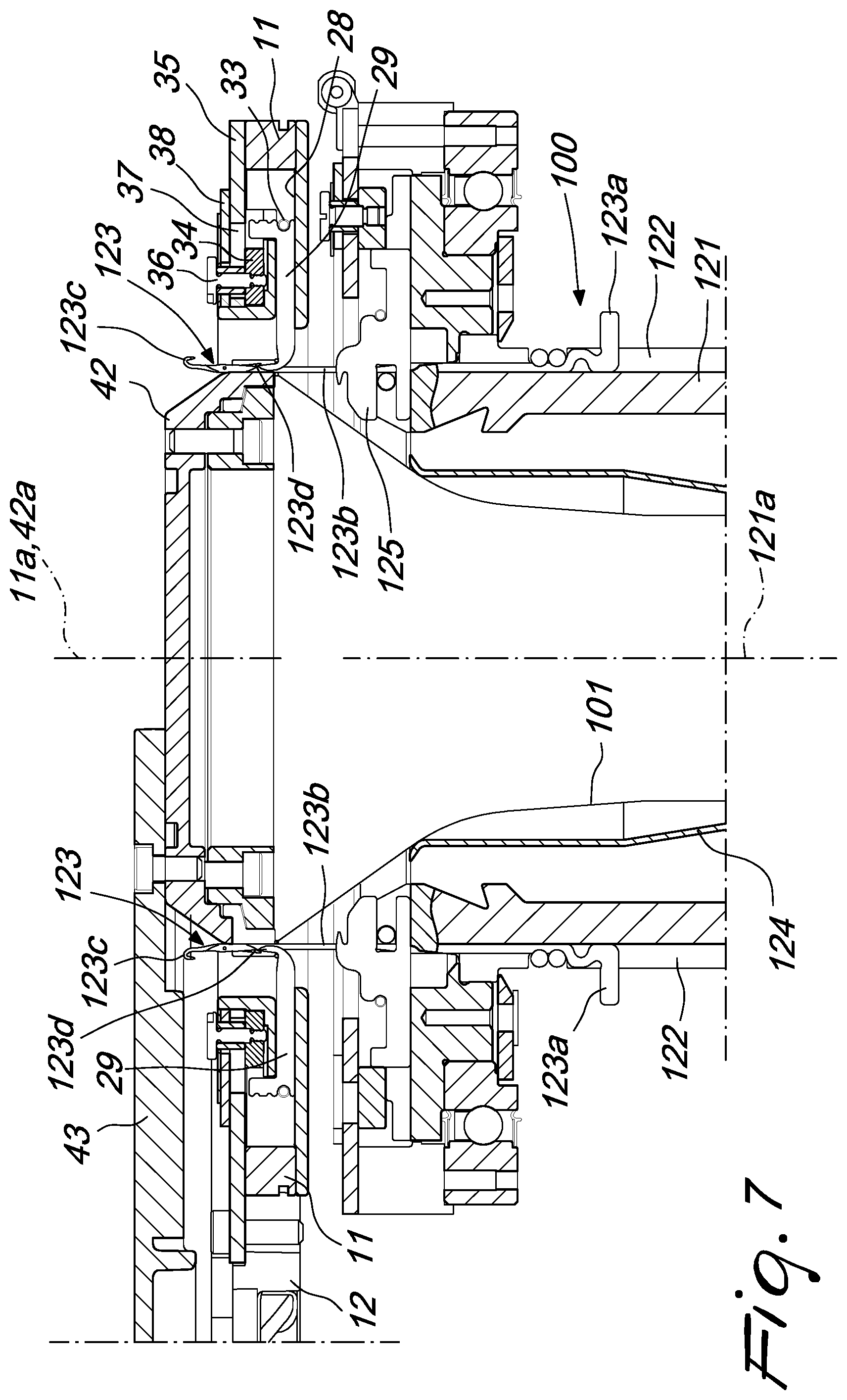 Patent US12129580 Figure 10 – Pick-up device for picking up a tubular knitted article from a circular knitting machine and for its transfer to a unit adapted to perform additional operations on the article