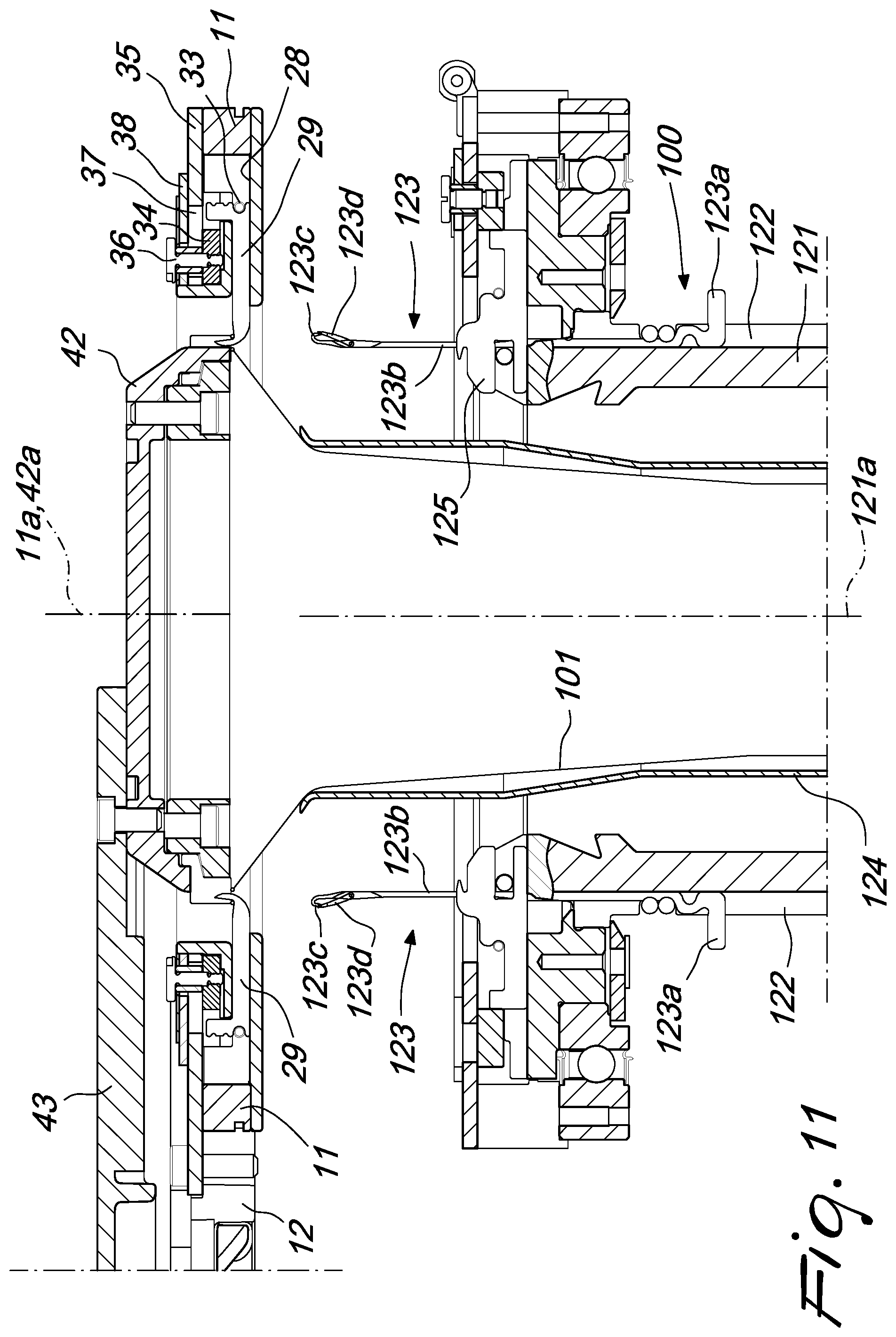 Patent US12129580 Figure 12 – Pick-up device for picking up a tubular knitted article from a circular knitting machine and for its transfer to a unit adapted to perform additional operations on the article