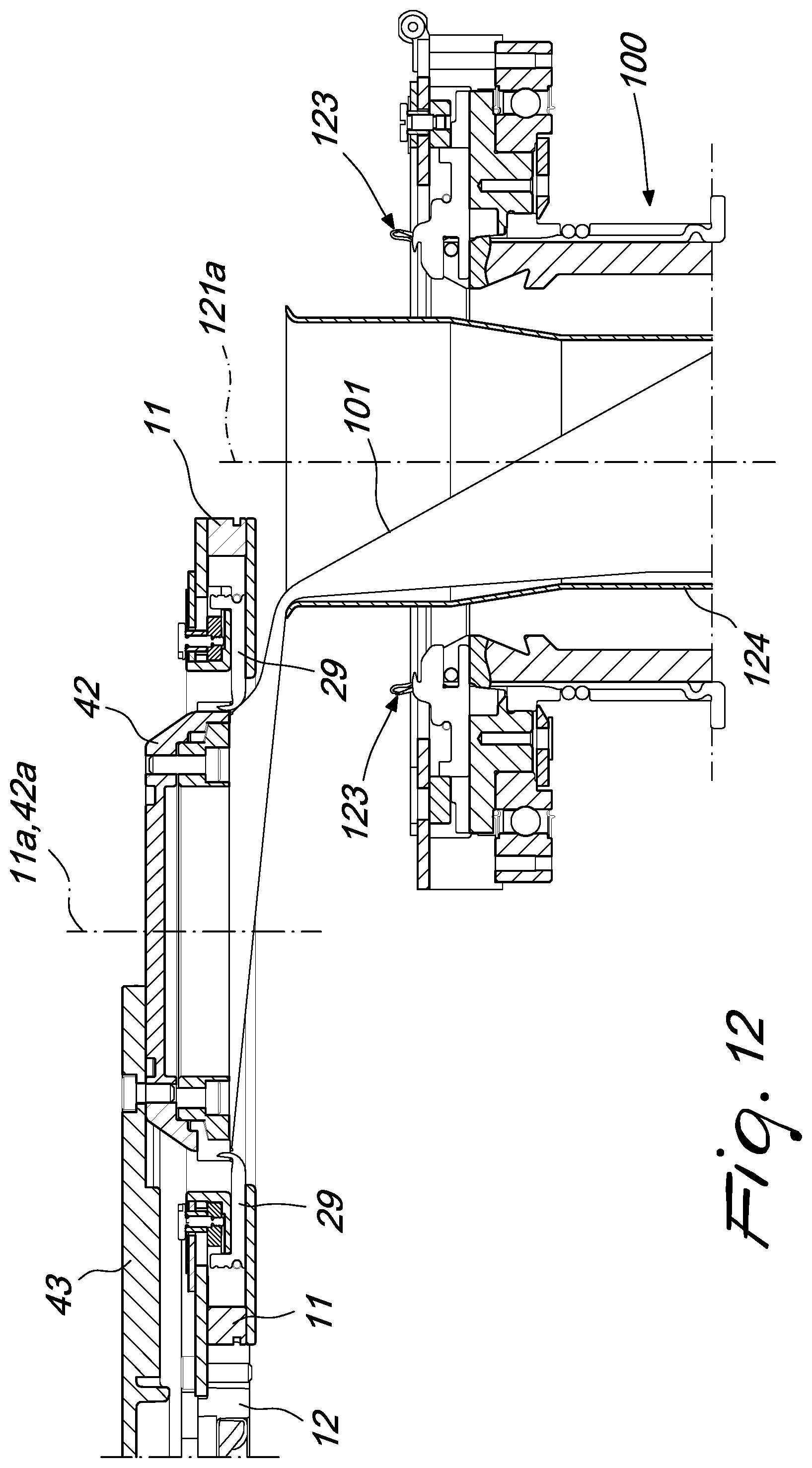 Patent US12129580 Figure 13 – Pick-up device for picking up a tubular knitted article from a circular knitting machine and for its transfer to a unit adapted to perform additional operations on the article