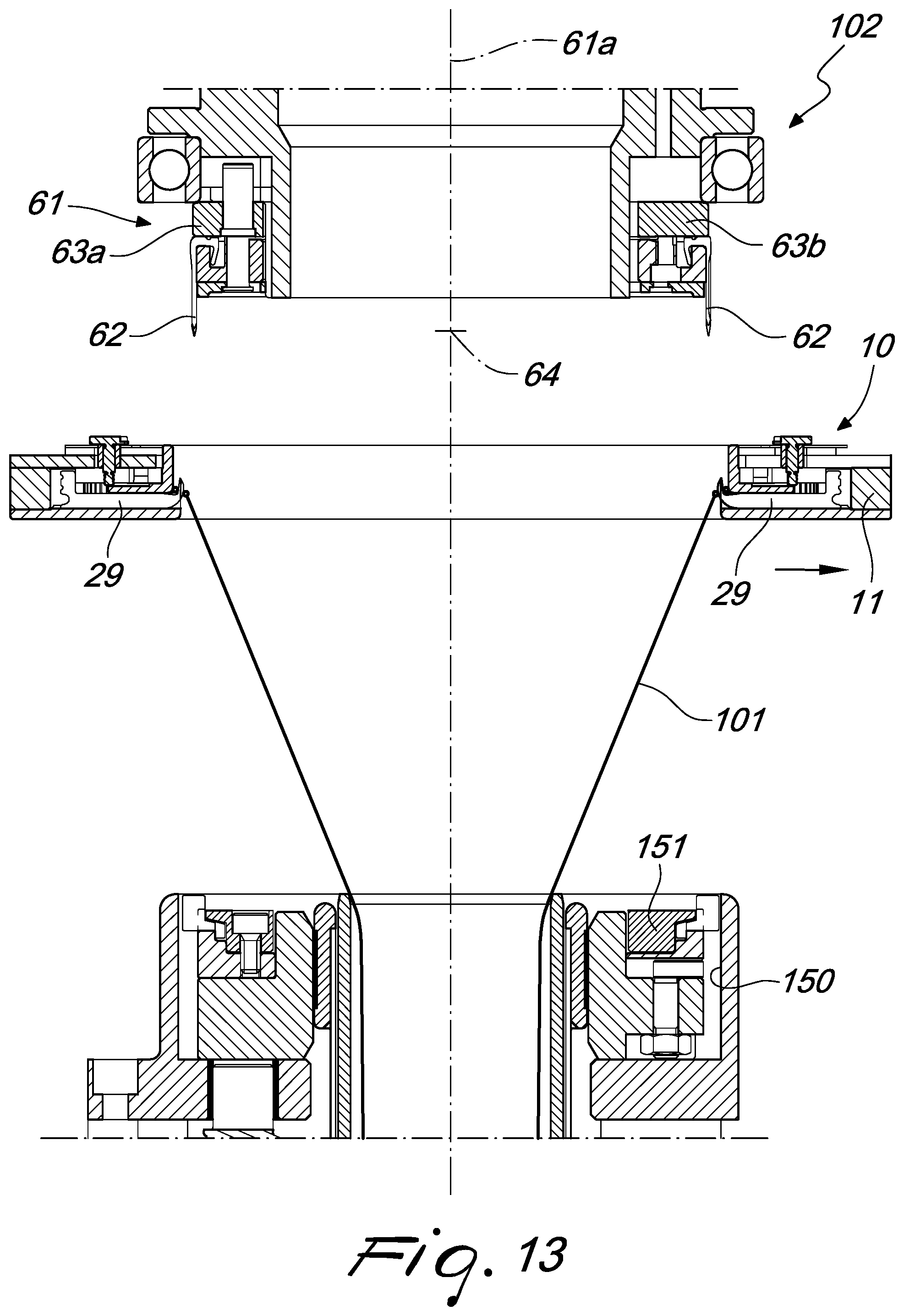 Patent US12129580 Figure 14 – Pick-up device for picking up a tubular knitted article from a circular knitting machine and for its transfer to a unit adapted to perform additional operations on the article